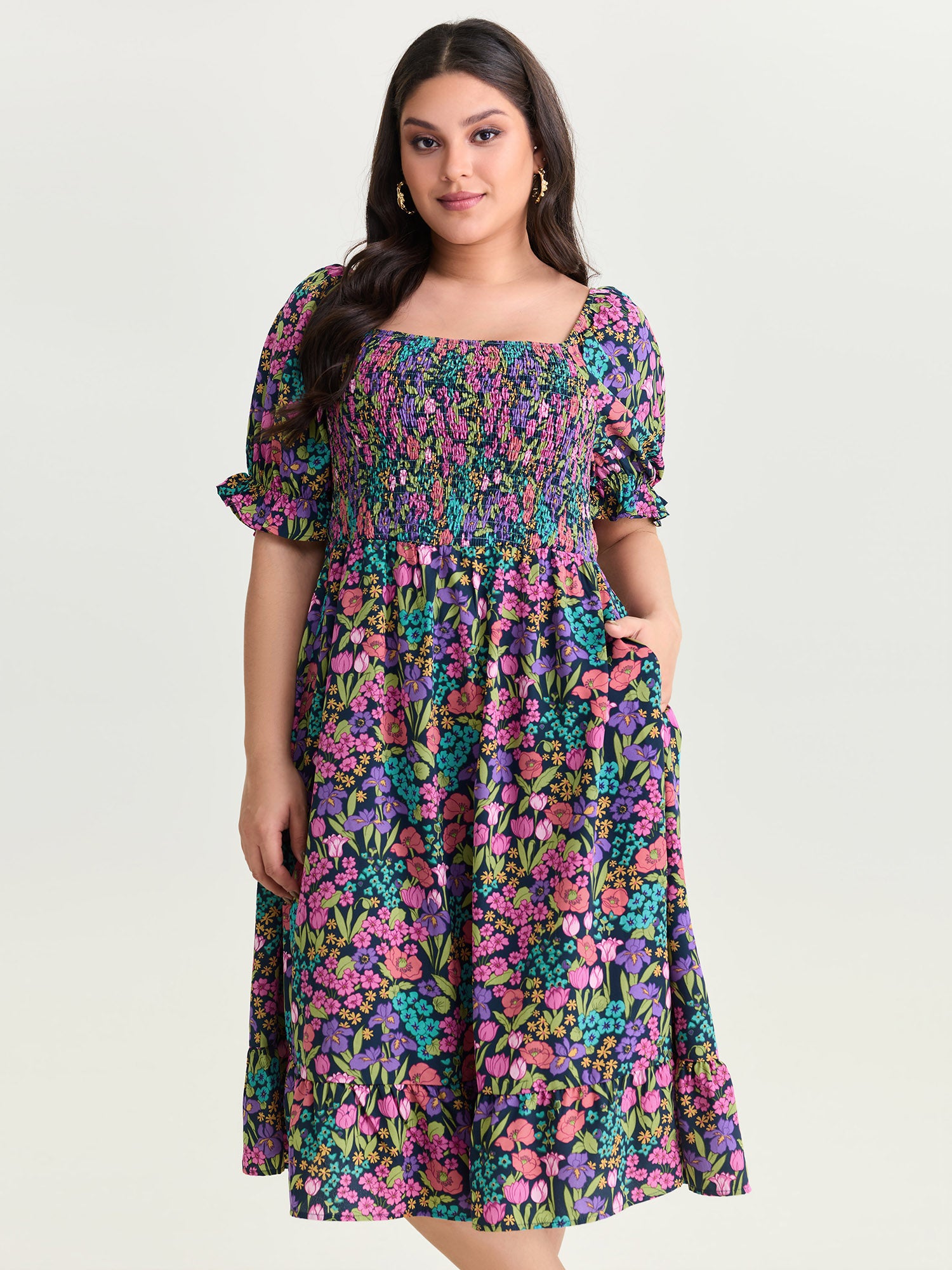 Playful Floral Print Shirred Midi Dress