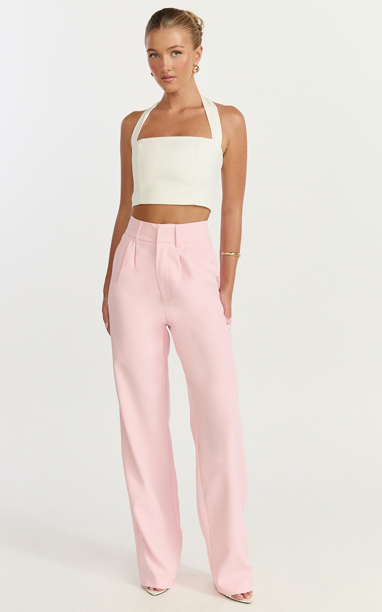 Melissa Pants - Pleat Front Wide Leg Tailored Pants in Pink