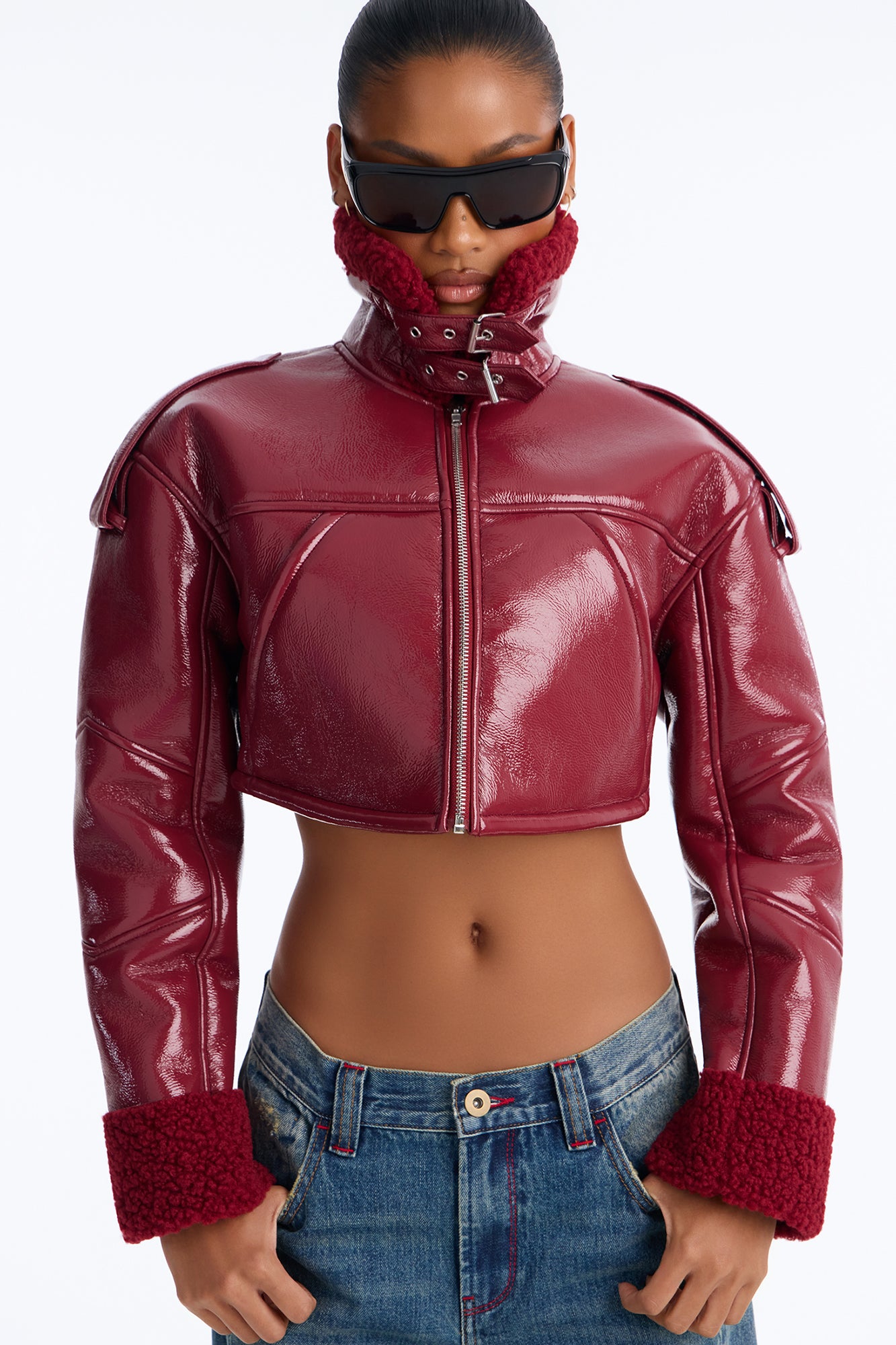 Bad Influence Faux Leather Cropped Jacket - DarkRed