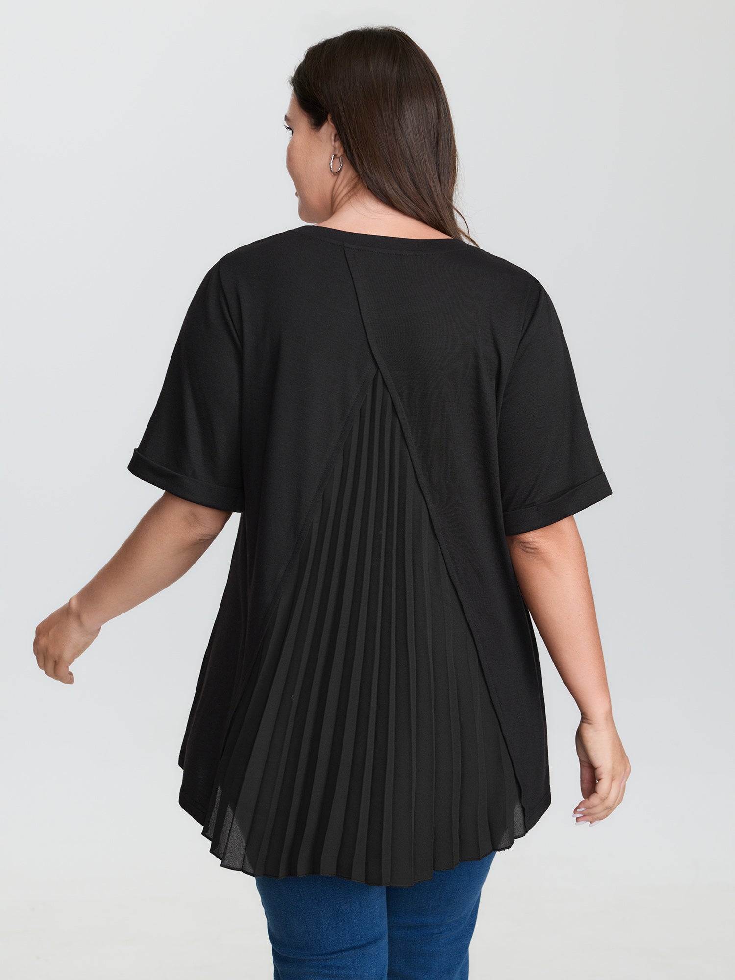 Stretchy Round Neck Rolled Cuff Sleeve T-Shirt