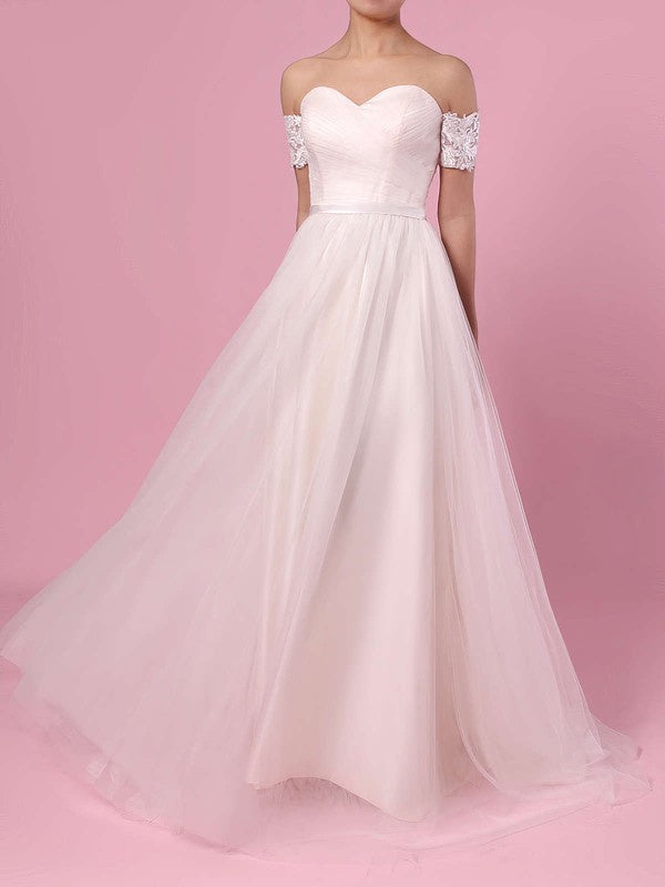 Beautiful Lace Off-The-Shoulder Sweetheart Ball Gown Tulle Sweep Train Wedding Dresses