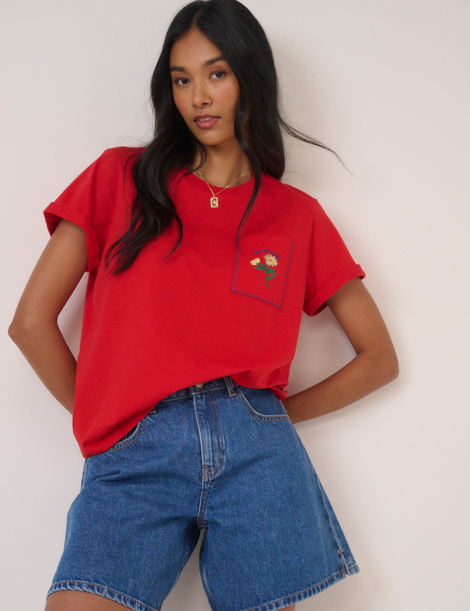 Red Embroidered Pocket T-Shirt