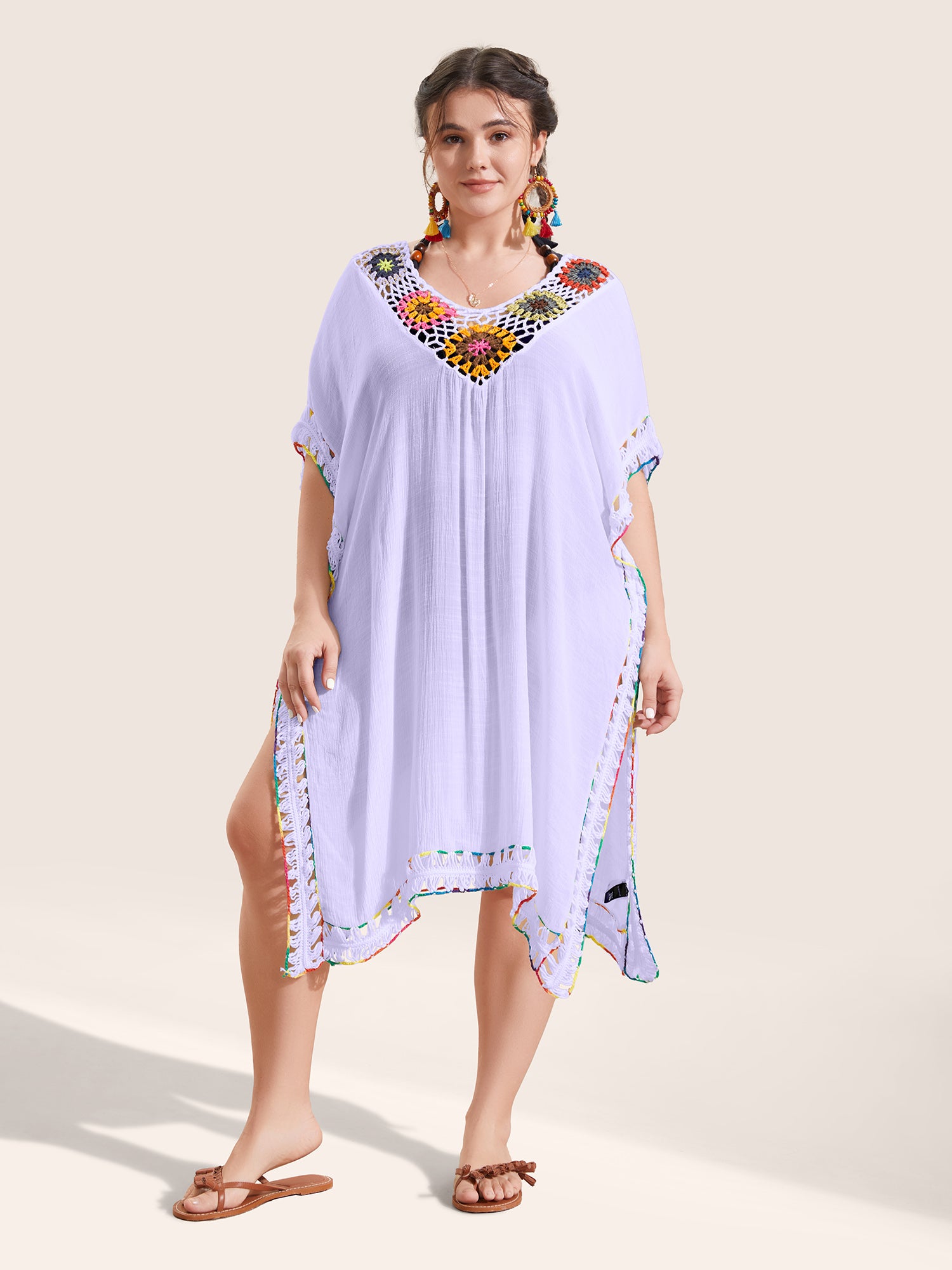 Colored Crochet Slit Hem Swim Cover Up