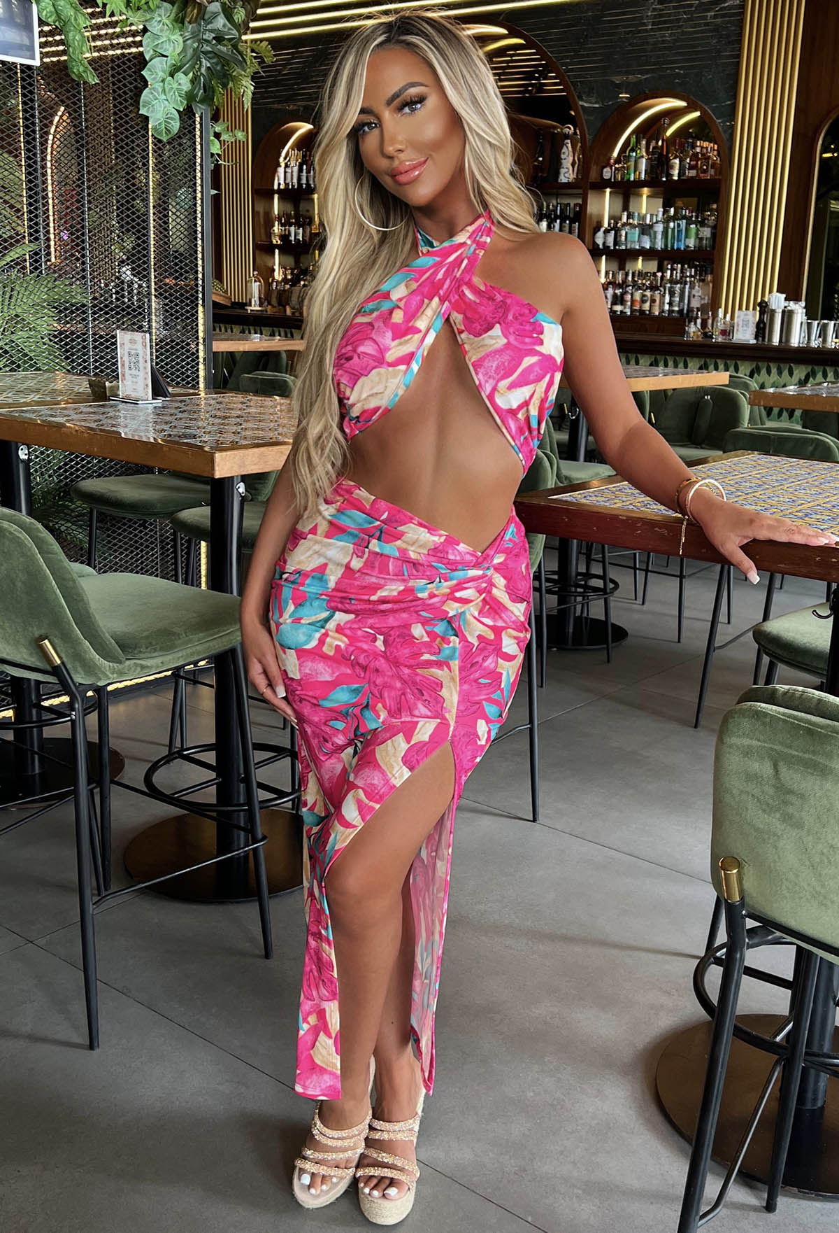 Your Paradise Pink Tropical Halterneck Bandeau Midi Skirt Co-Ord Set