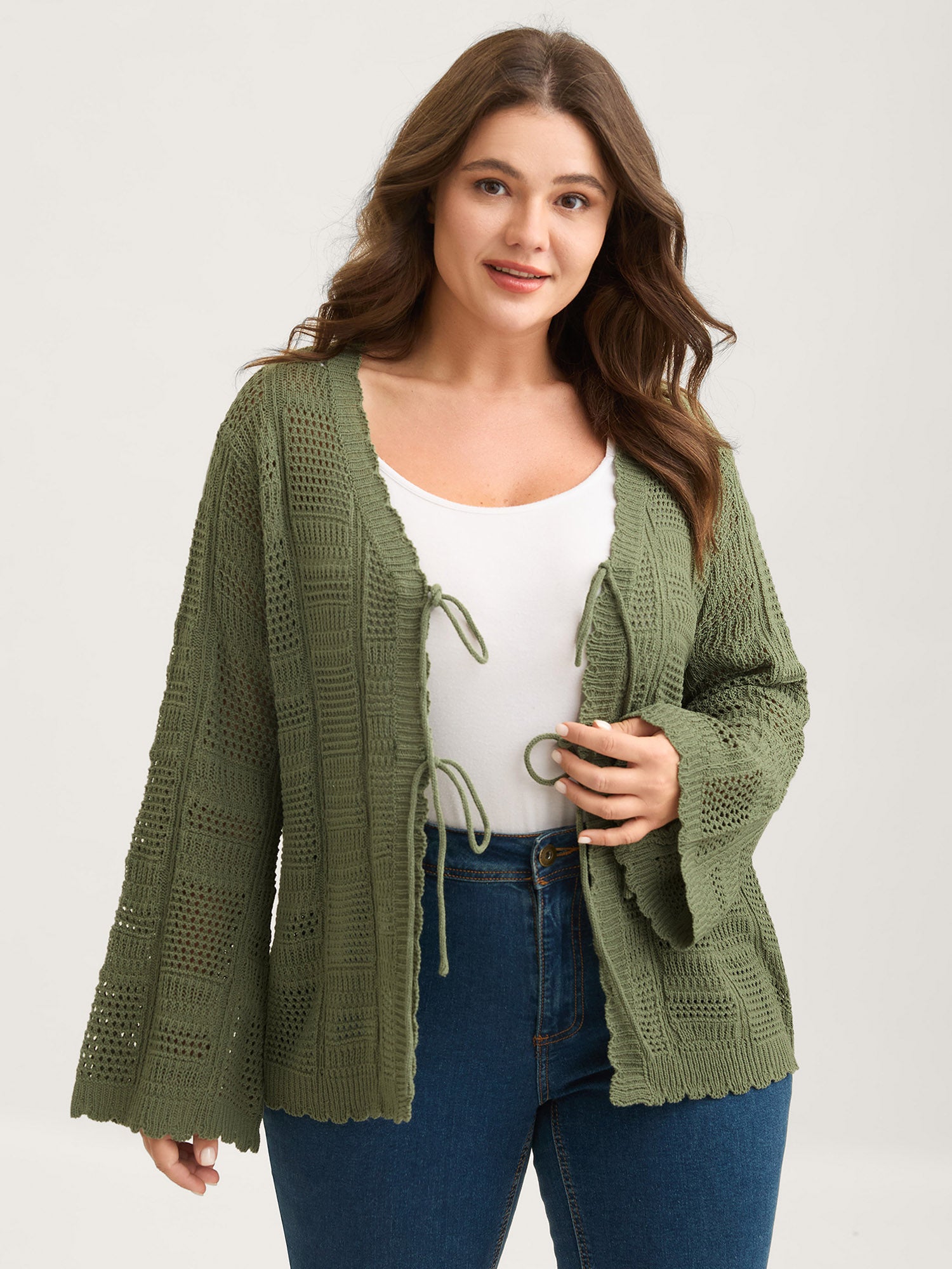 Crochet Textured Front-Tie Knit Cardigan