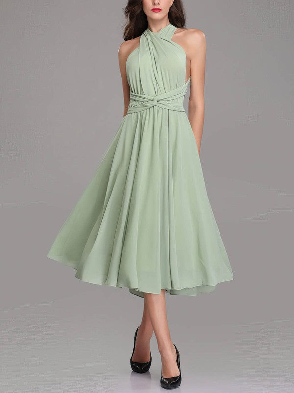 Charming A-Line Backless Sleeveless Chiffon Tea-Length Bridesmaid Dresses