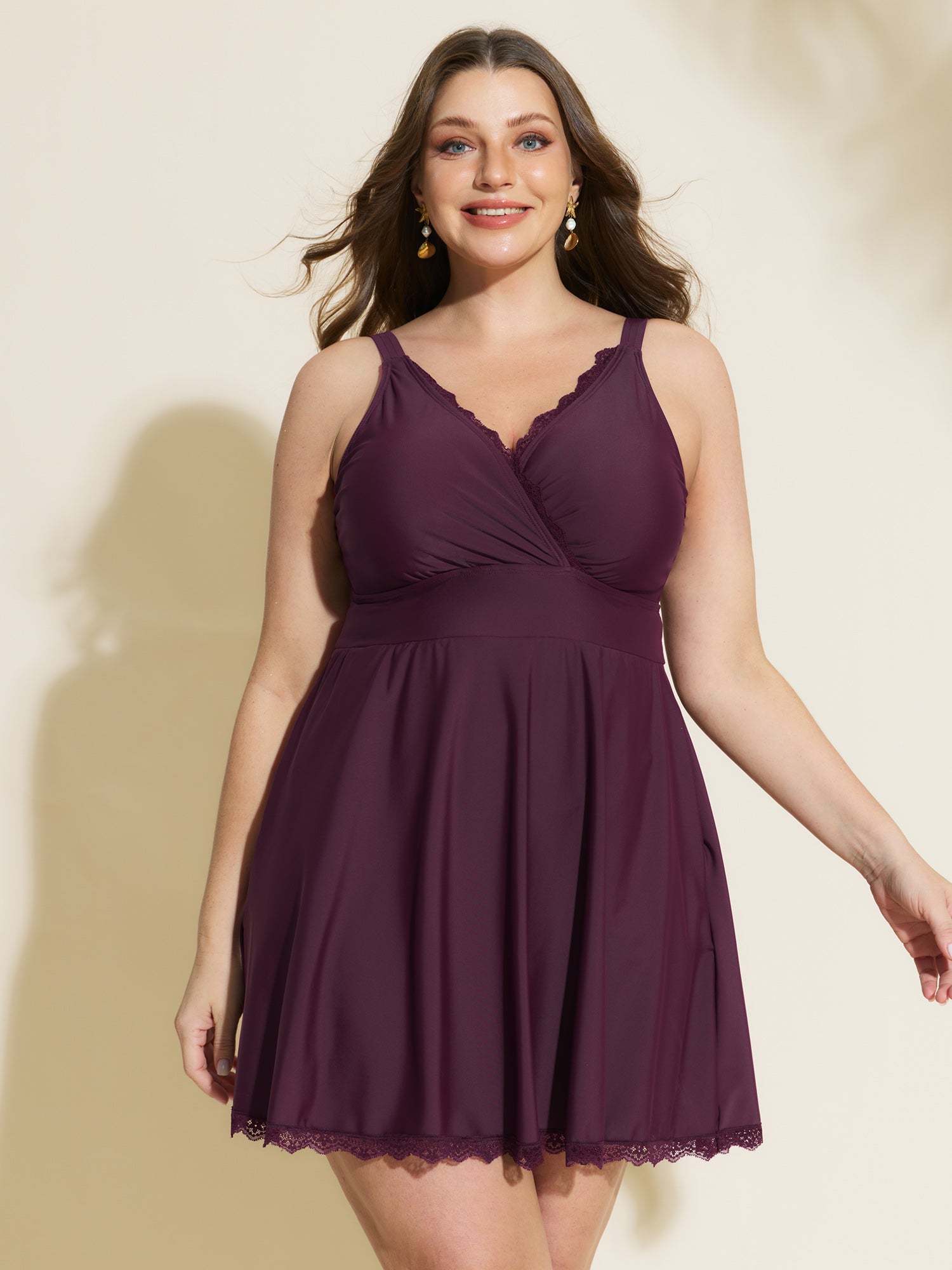 Sheer Lace Neckline Pockets Swim Dress
