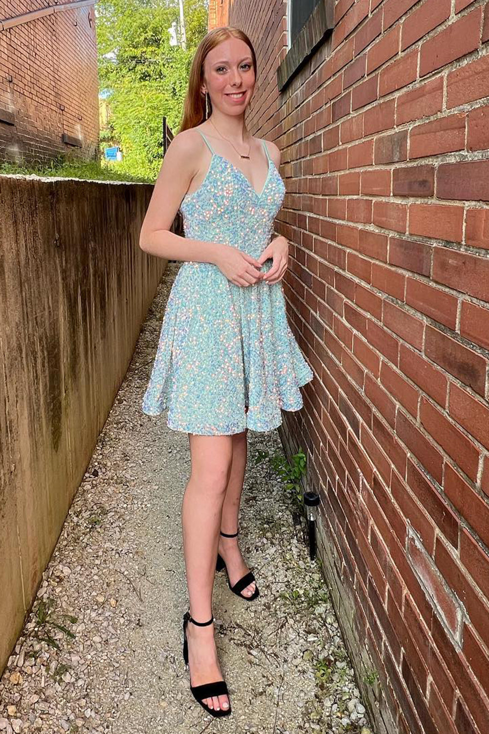 Light Blue A-Line Backless Sequins Homecoming Dress/Mini Dress