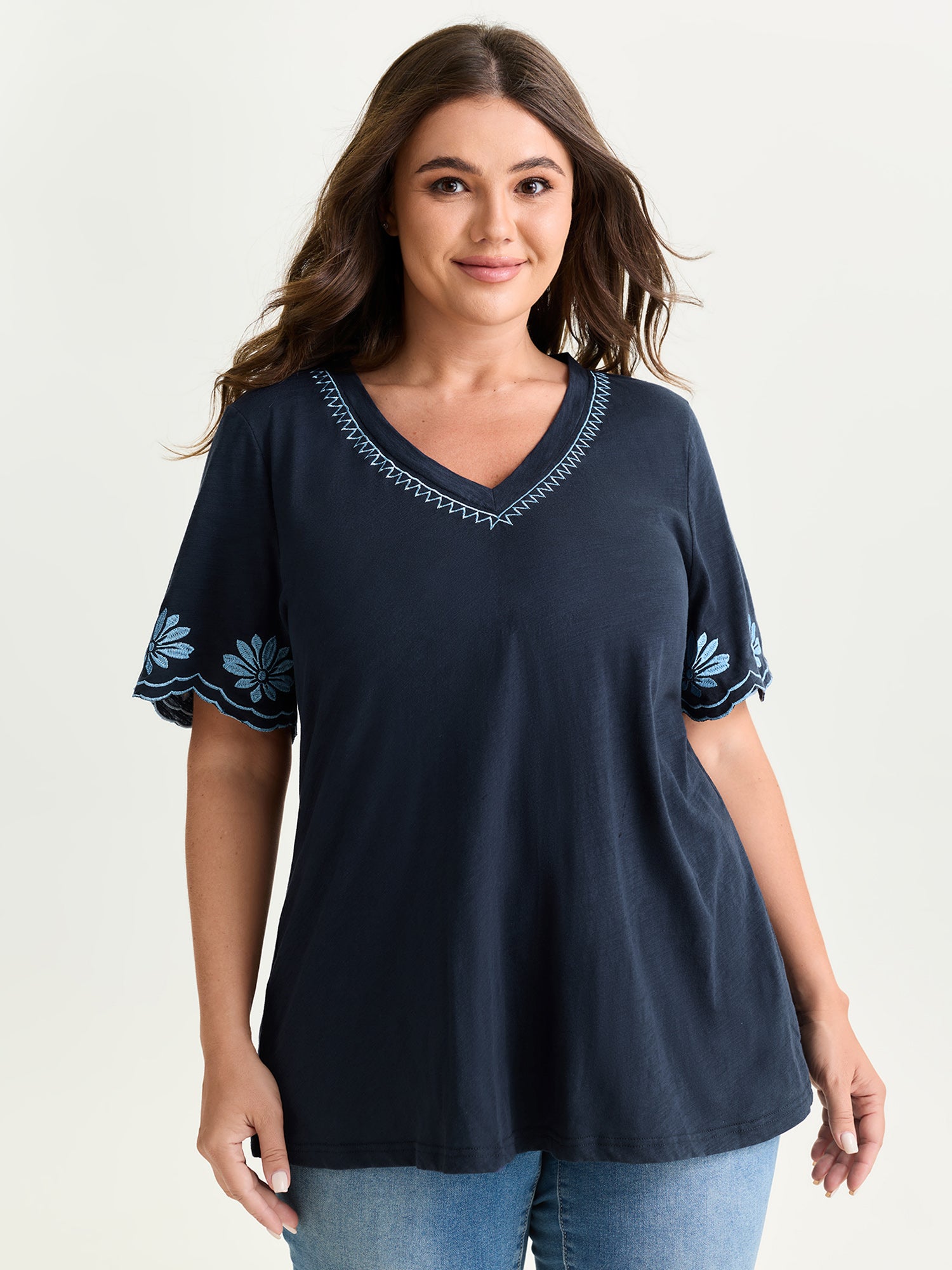 Cotton Stretchy V-Neck Floral Print T-Shirt