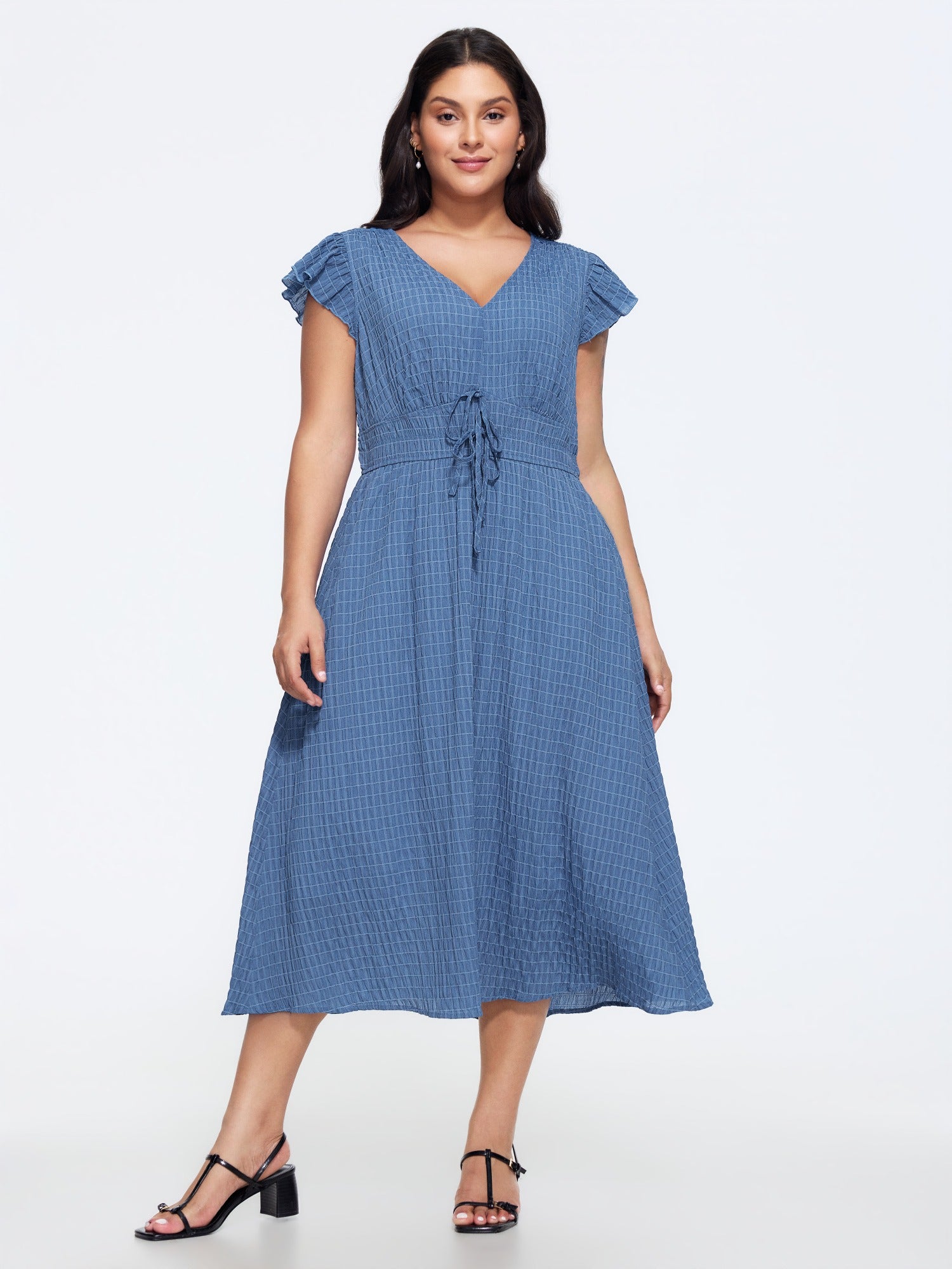 Textured V‑Neck Ruffle Sleeve Shirred Waist Midi Dress