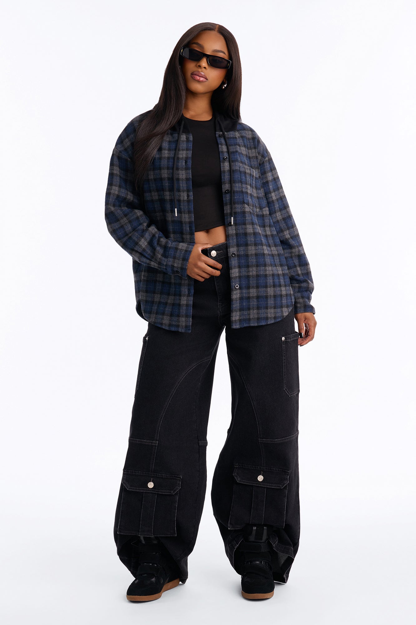 Street Soul Flannel Plaid Hooded Shirt - Navy/combo