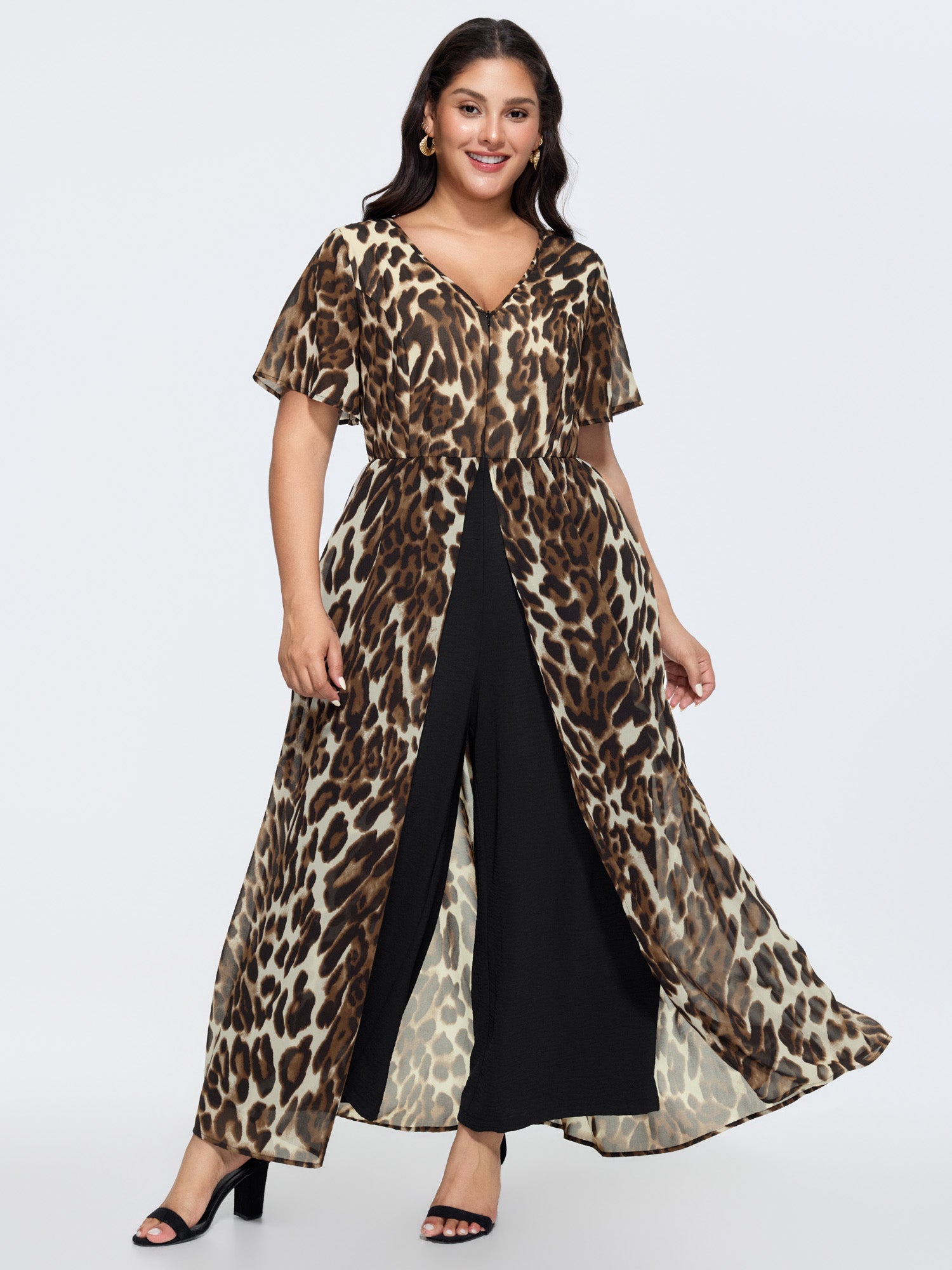 Hidden Zipper Leopard Layered Pockets Jumpsuit