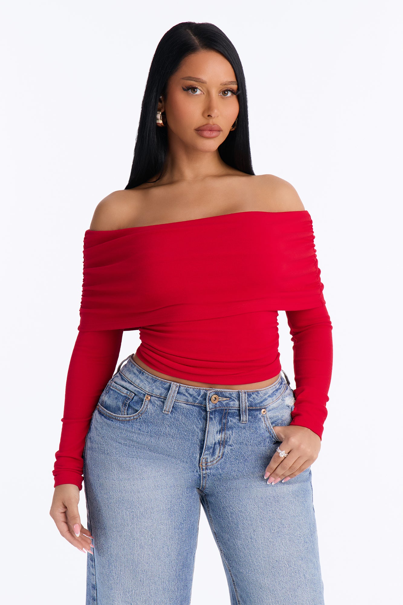 Kimmy Off Shoulder Long Sleeve Top - Red