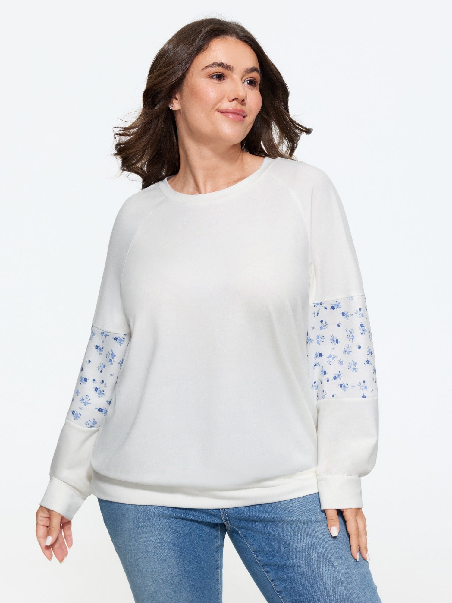 Floral Patchwork Sleeve Loose Fit Sweatshirt