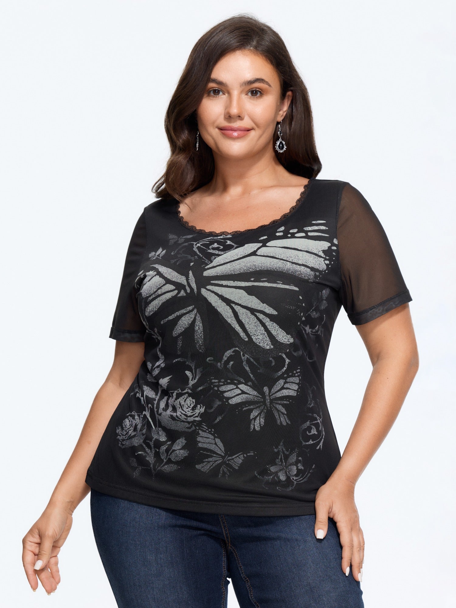 Stretch Butterfly Floral Lace Mesh T-Shirt