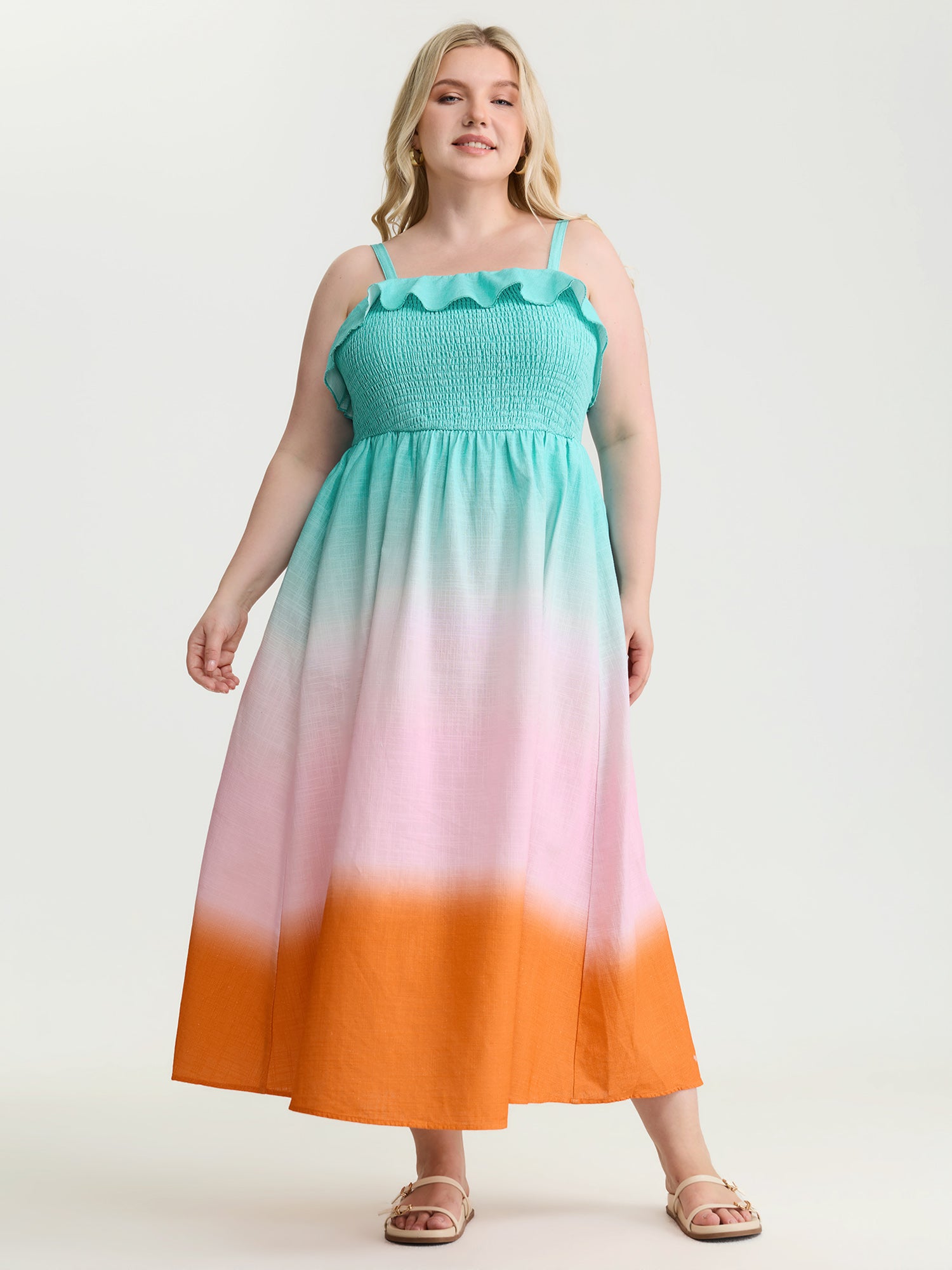 Pure Cotton Color Gradient Ruffled Maxi Dress