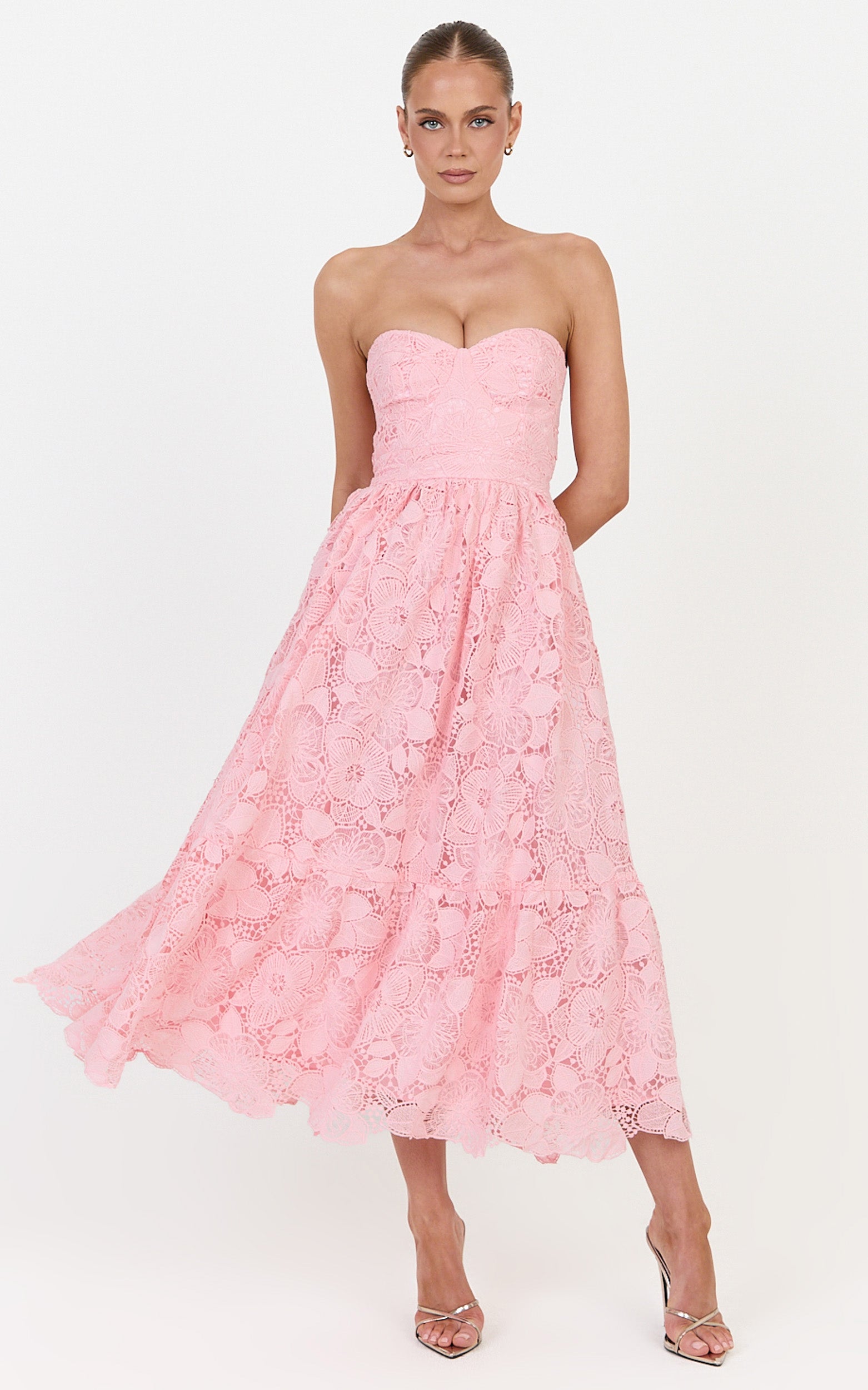 Gabriela Midi Dress - Strapless Lace Dress in Light Pink