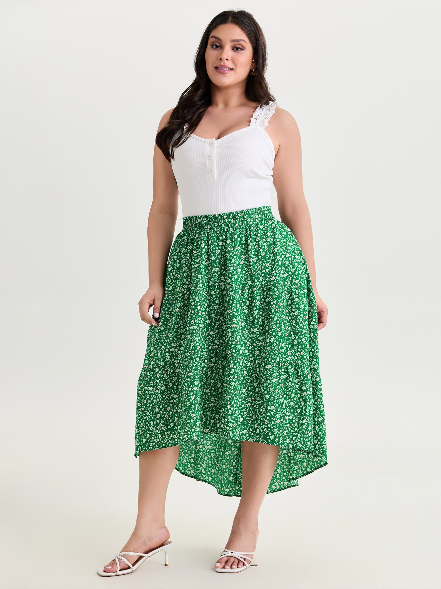 Micro-Floral Print Flowy Midi Skirt