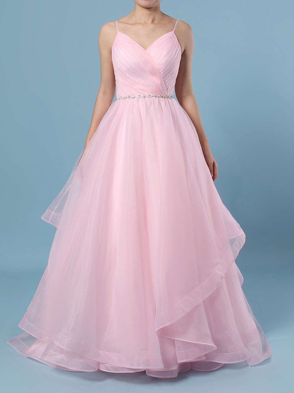 Gorgeous Sweep Train V-Neck Spaghetti Straps Organza Wedding Dresses with Cascading Ruffles