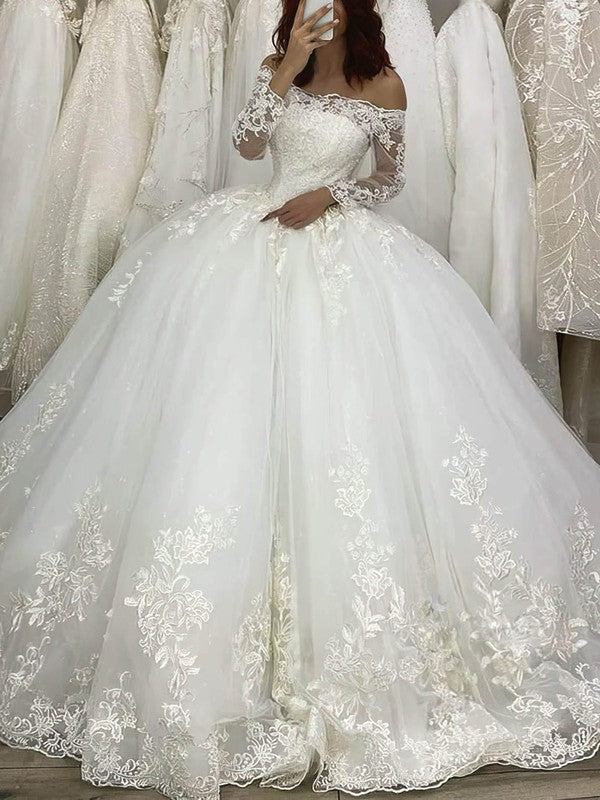 Elegant Off-The-Shoulder Lace Long Sleeves Tulle Ball Gown Wedding Dresses