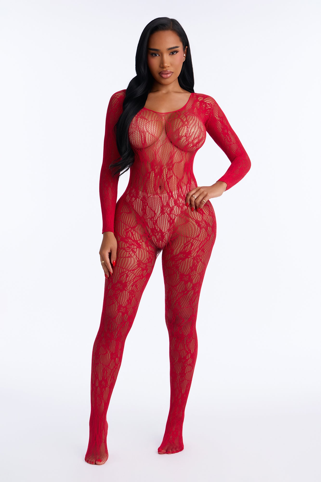 Playing Mind Games Lace Long Sleeve Jumpsuit Bodystocking - Red