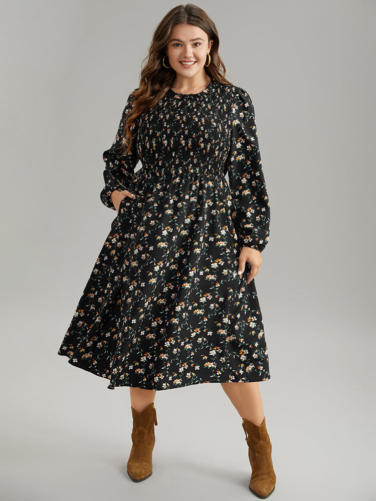 Ditsy Floral Frill Trim Shirred Dress