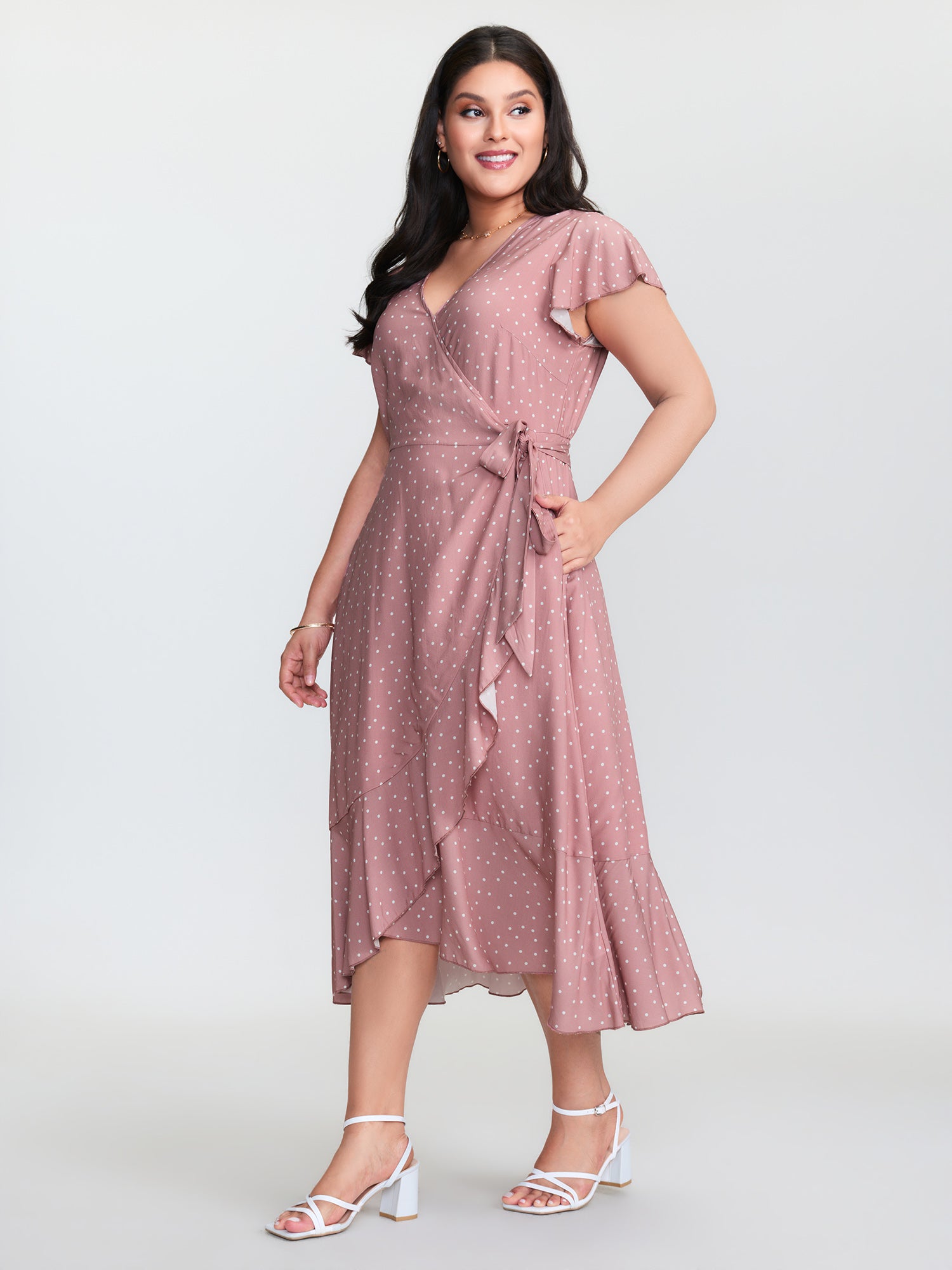 Polka Dot Ruffled Hem Waist Tie Midi Dress