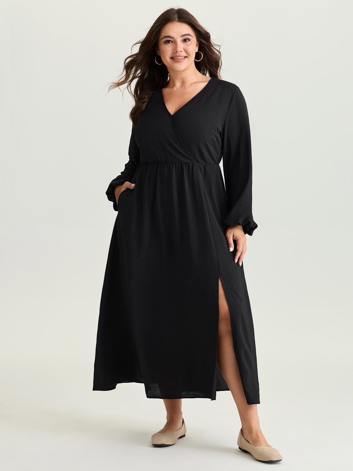 Wrap Neckline Slit Hem Flowy Maxi Dress