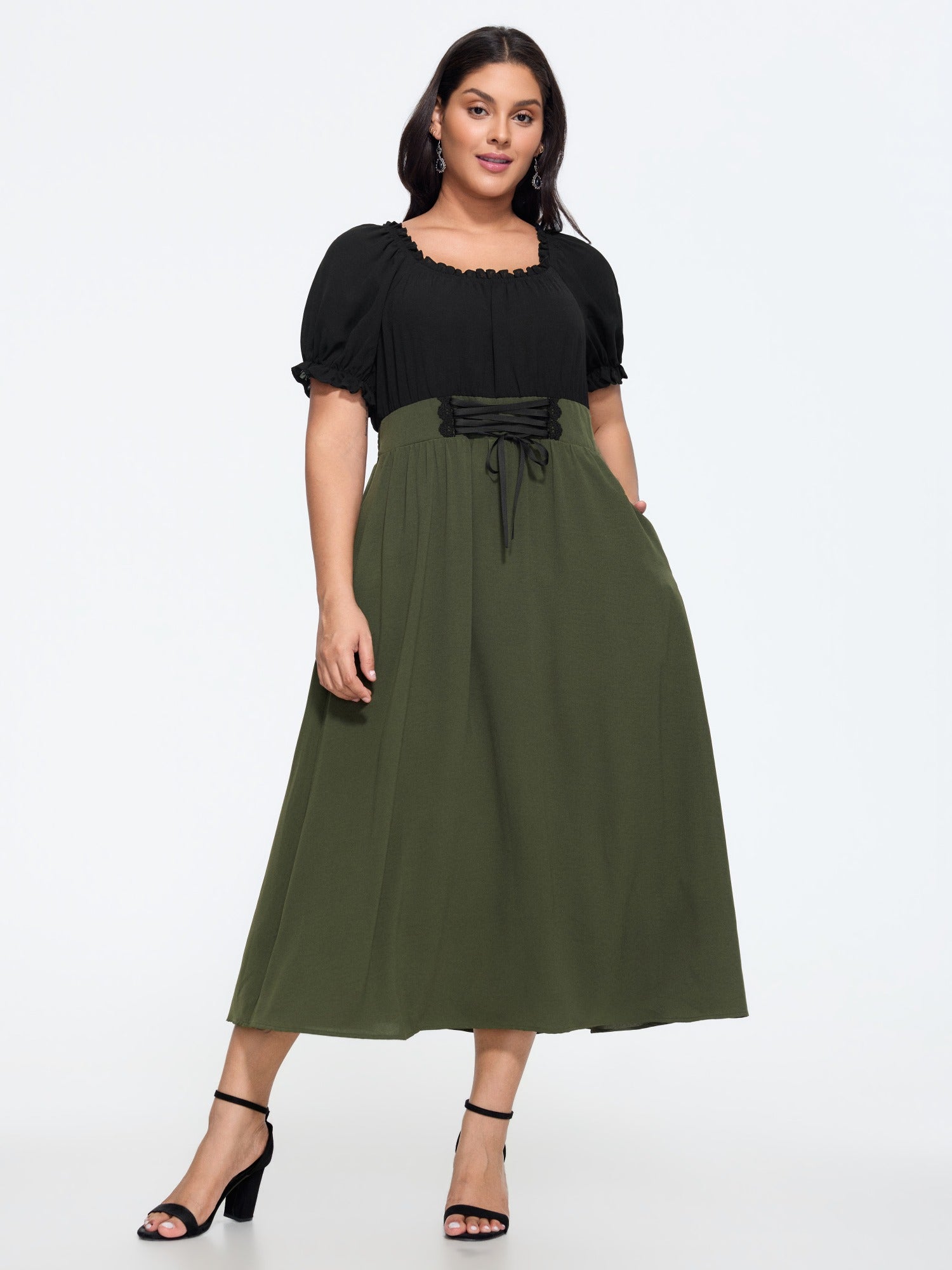 Color Block Puff Sleeve Tie Waist Midi Dress