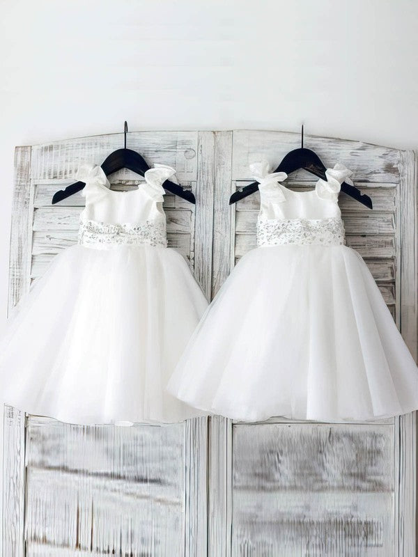 Elegant Sleeveless Satin Ball Gown Flower Girl Dresses with Beads
