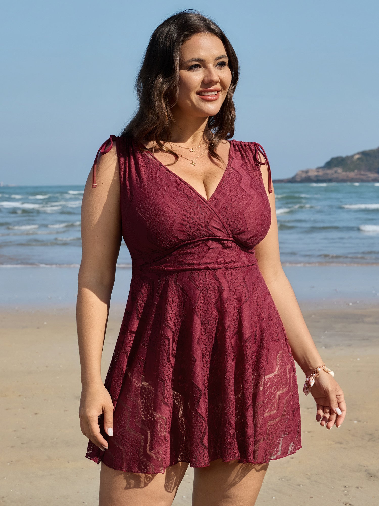 Lace Channel Drawstring Swim Dress