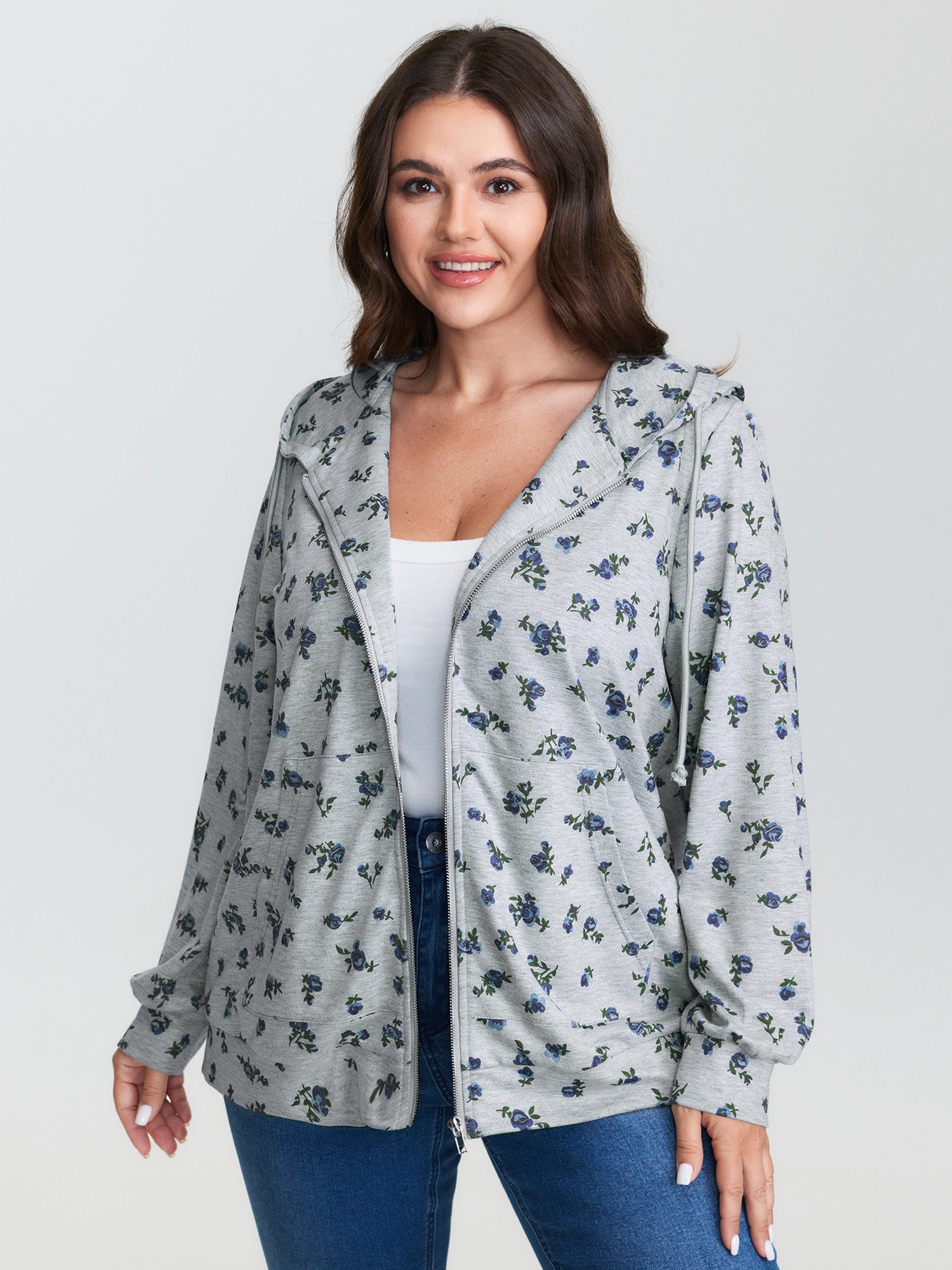 Floral Print Zipper Hoodie