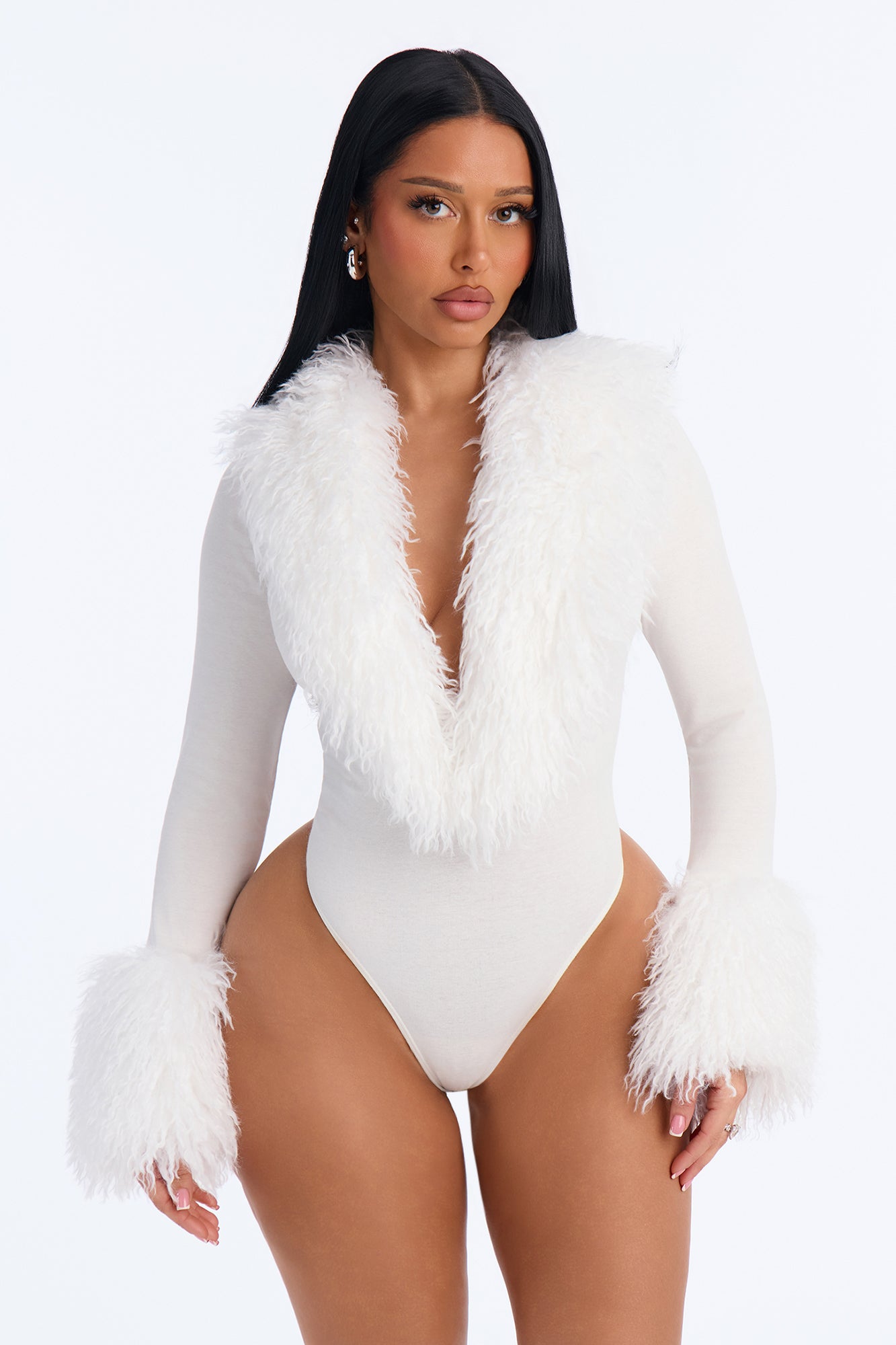 Cold Hearted Fur Trim Long Sleeve Bodysuit - White