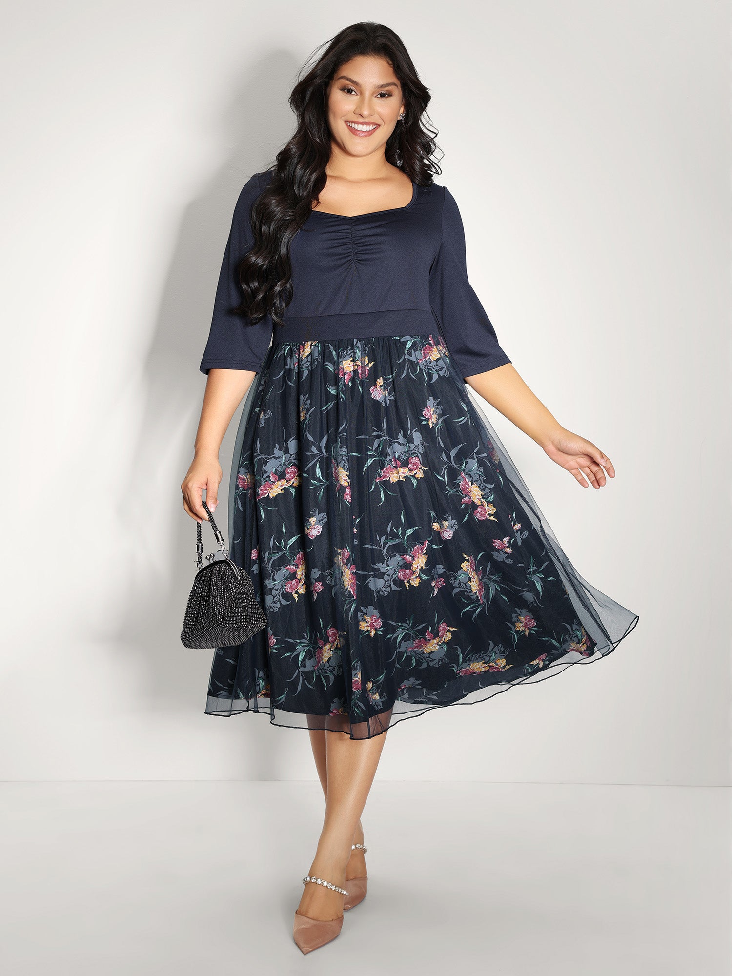 Floral Print Mesh Shirred Waist Midi Dress
