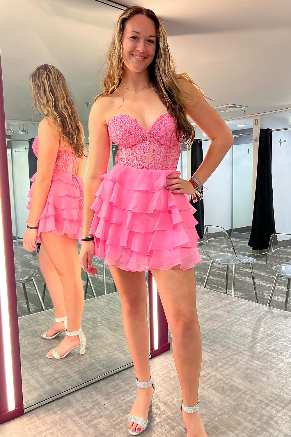 Sparkly A Line Pink Strapless Corset Short Homecoming Dress/Mini Dress with Ruffles