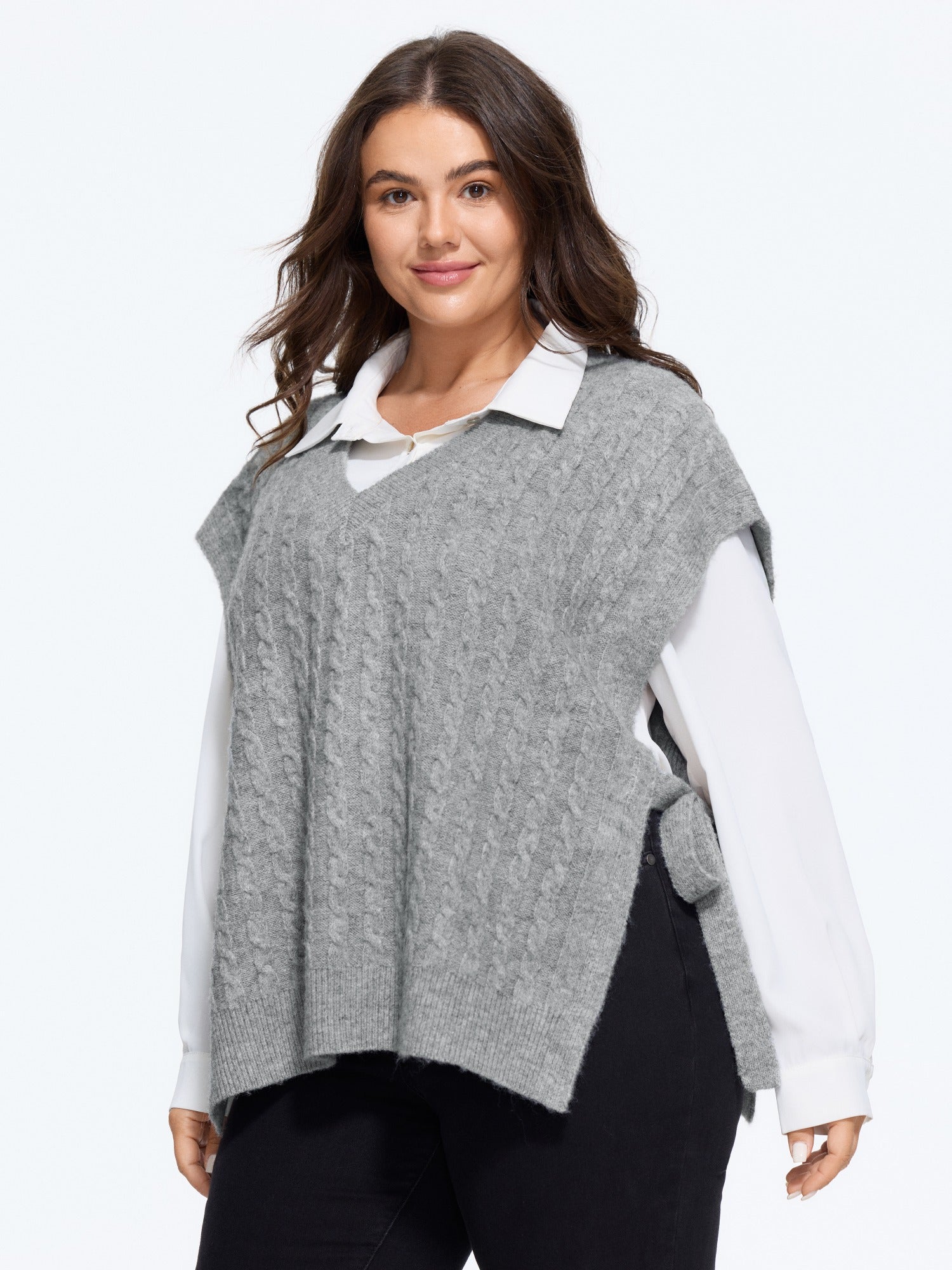 V Neck Side Slit Tie Cable Knit Sweater Vest