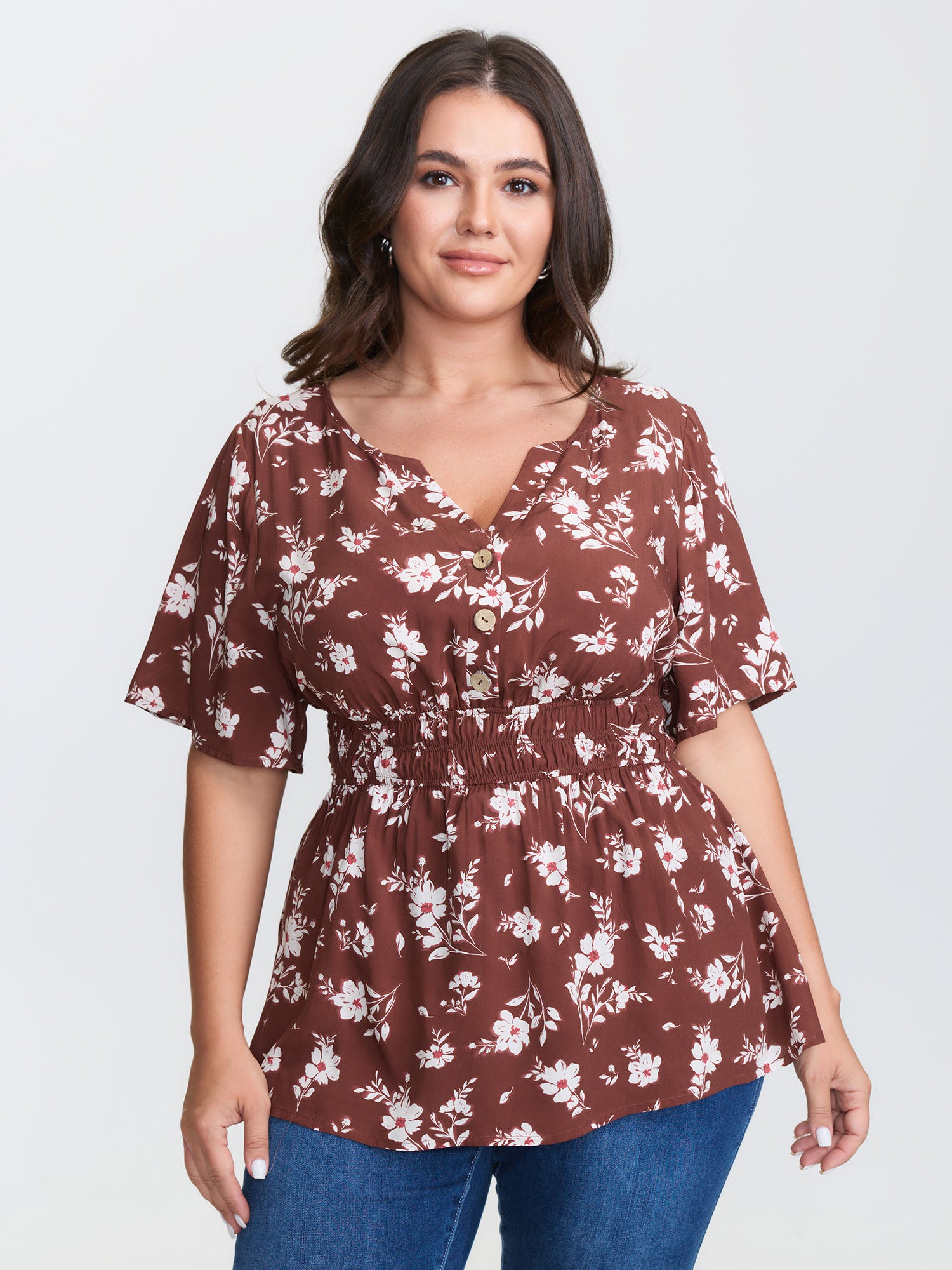 Floral Print Cinched Flared Blouse