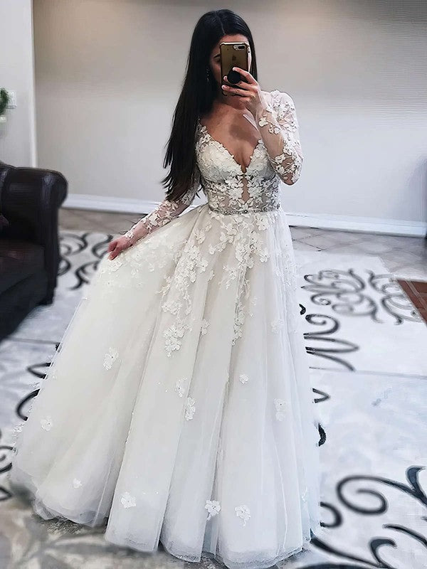 Charming Tulle V-Neck Long Sleeves Floor-Length Ball Gown Wedding Dresses