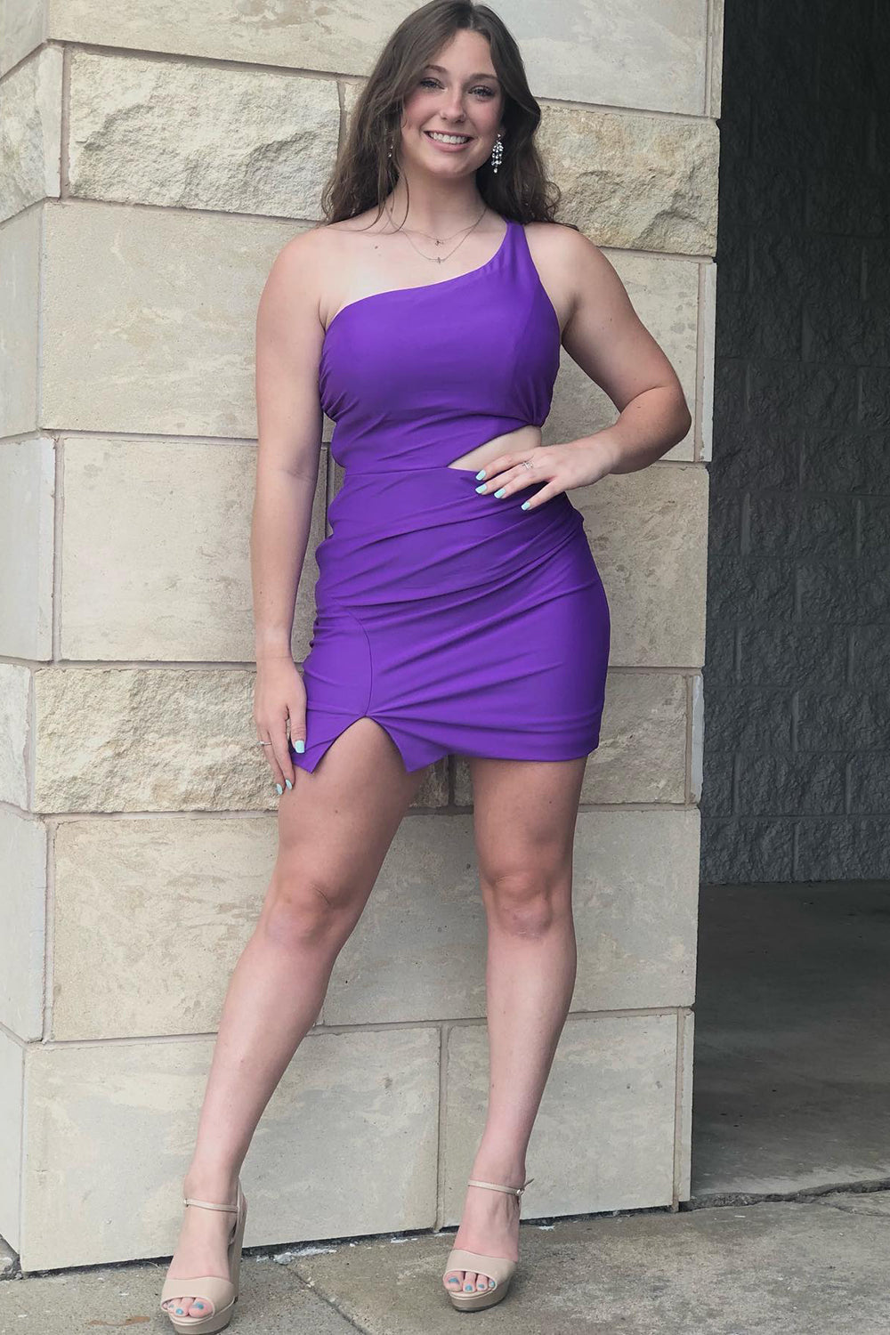 Purple One Shoulder Homecoming Dress/Mini Dress With Split Front