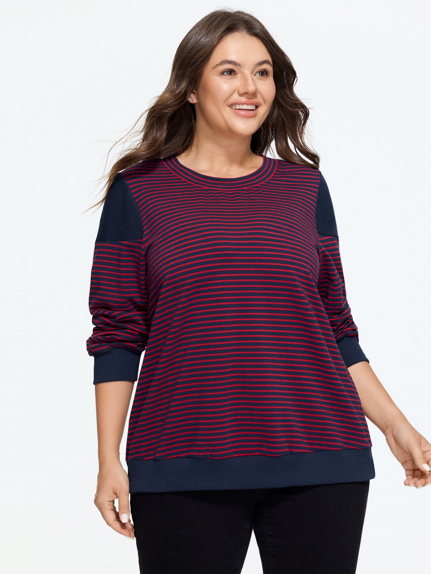 Cotton Striped Color Block Round Neck Sweatshirt