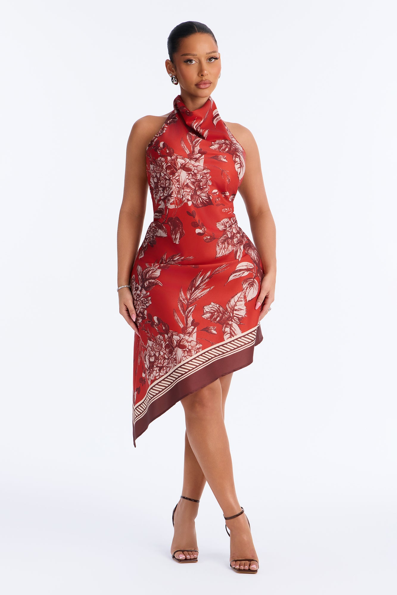 Floral Fall Feelings Satin Halter Midi Dress - Rust/combo