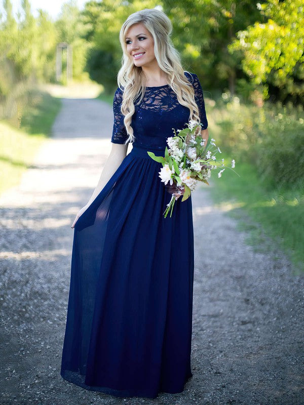 Charming A-Line Crew Neck Lace Chiffon Floor-Length Sequins Short Sleeves Bridesmaid Dresses