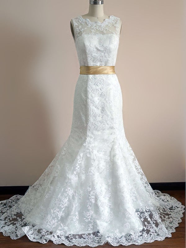 Exquisite Trumpet Sleeveless Crew Neck Lace Court Train Wedding Dresses with Ribbon