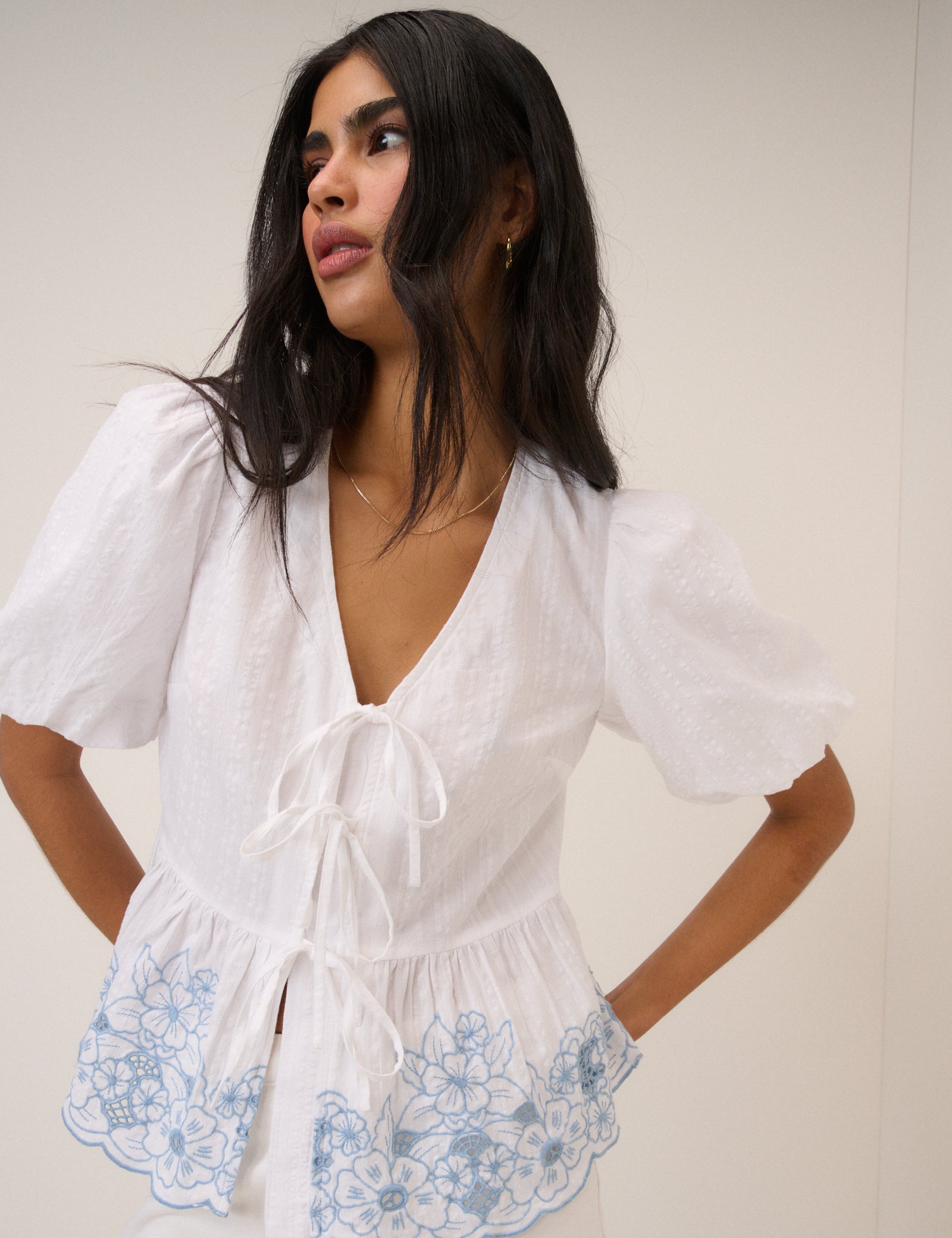 White Floral Embroidered Blouse