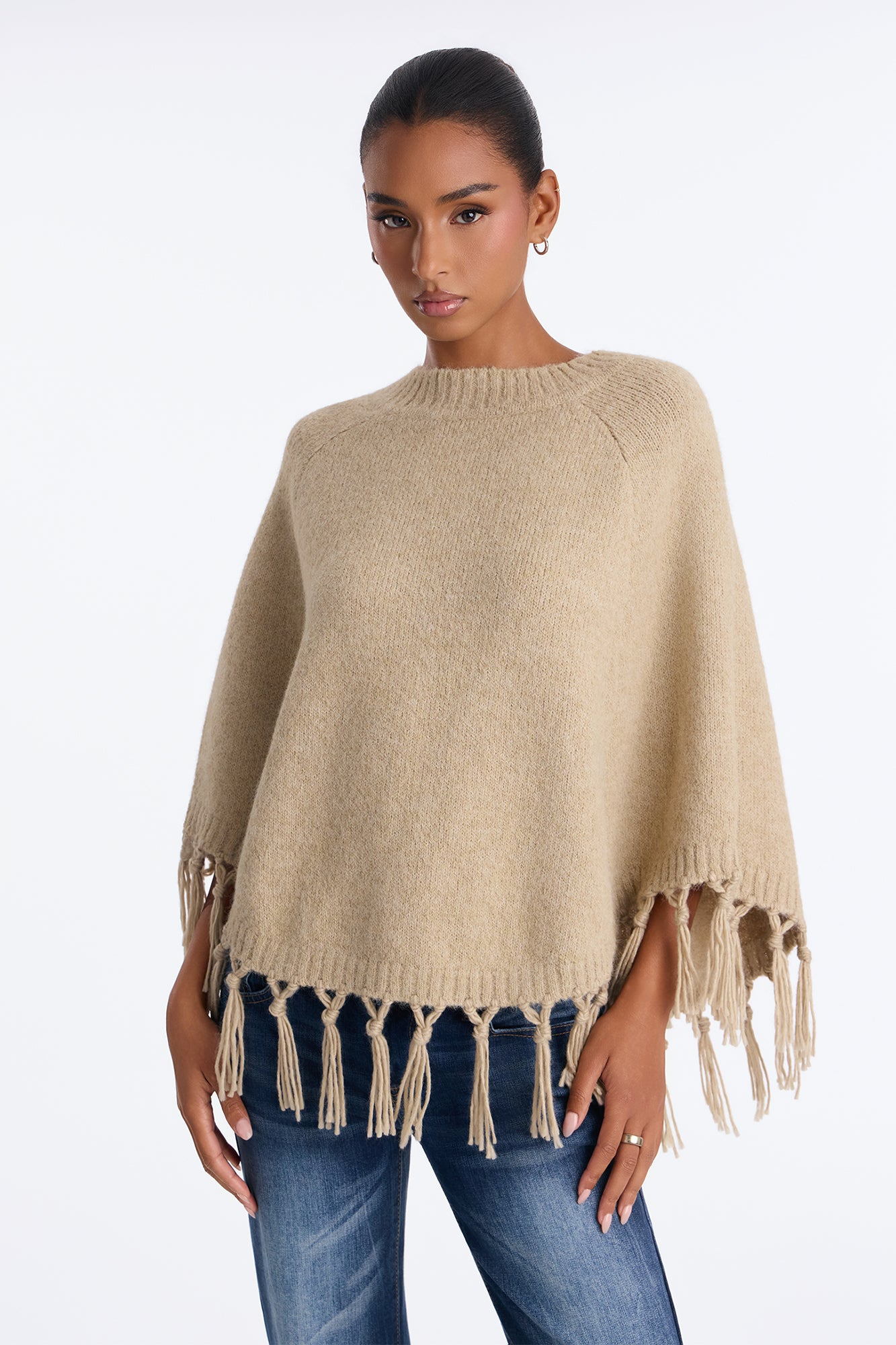 The Muse Fringe Poncho Sweater - Beige