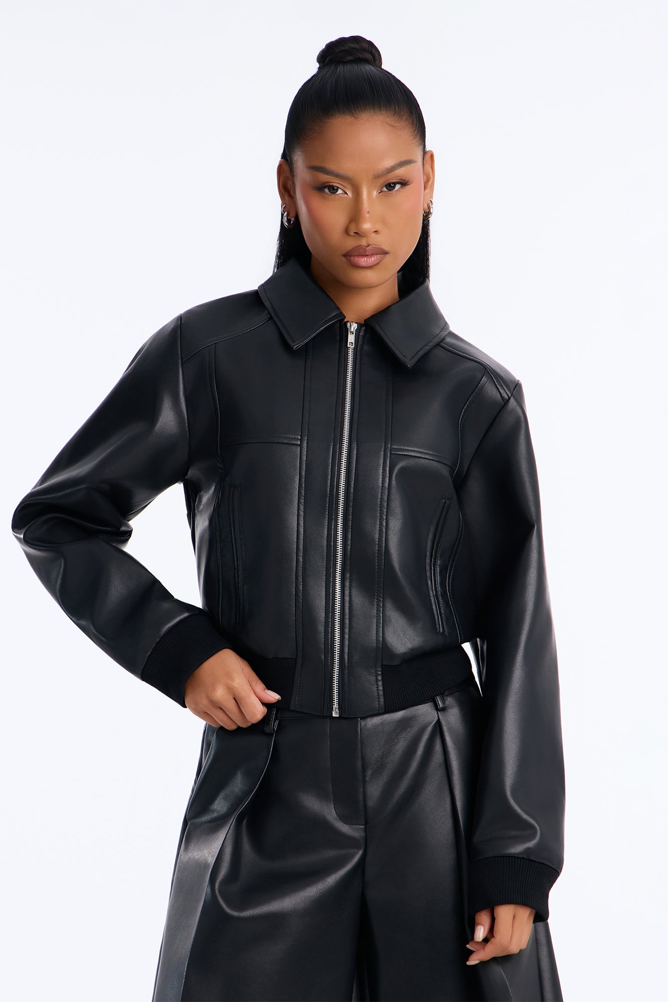 Erin Faux Leather Collared Bomber Jacket - Black