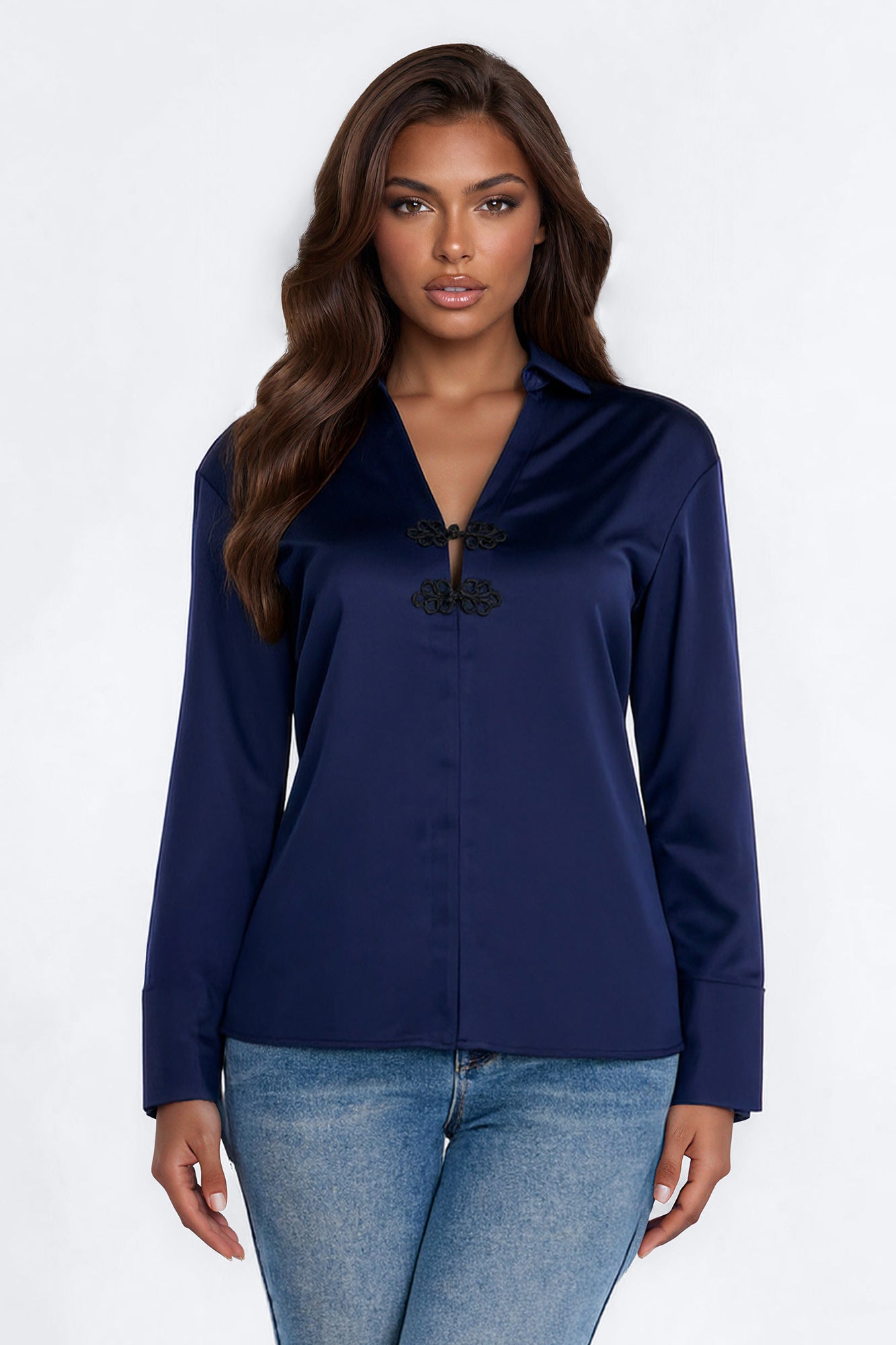 Intentional Living Satin Flyaway Top - Navy