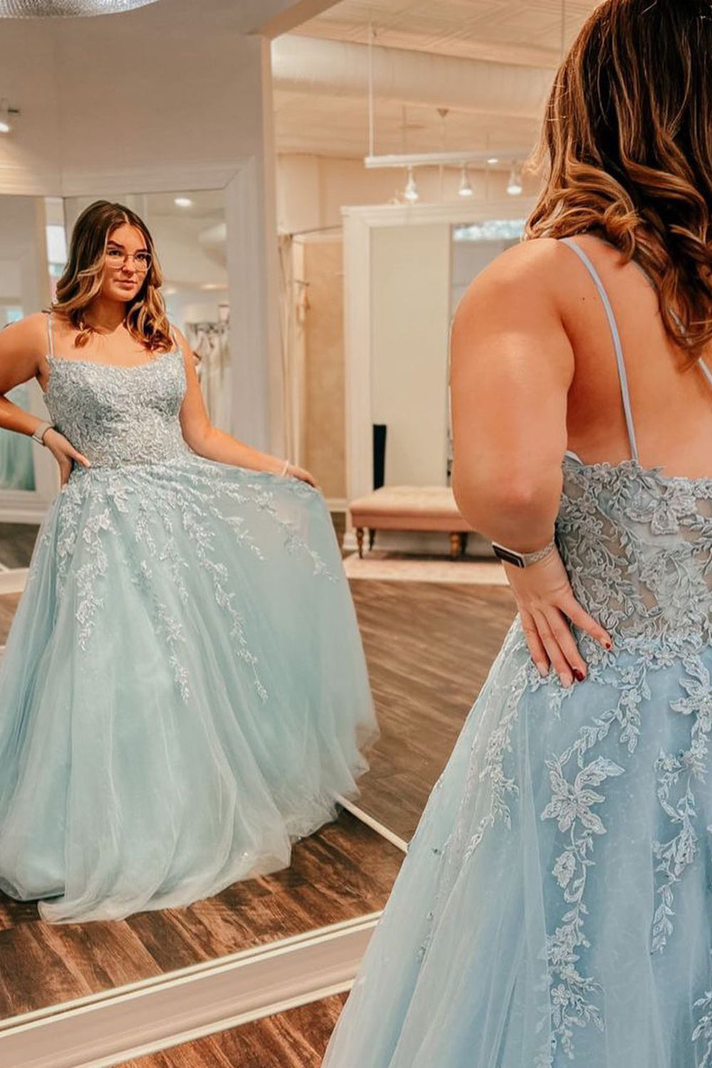 Light Blue Plus Size Prom Dress with Appliques and Spaghetti Straps