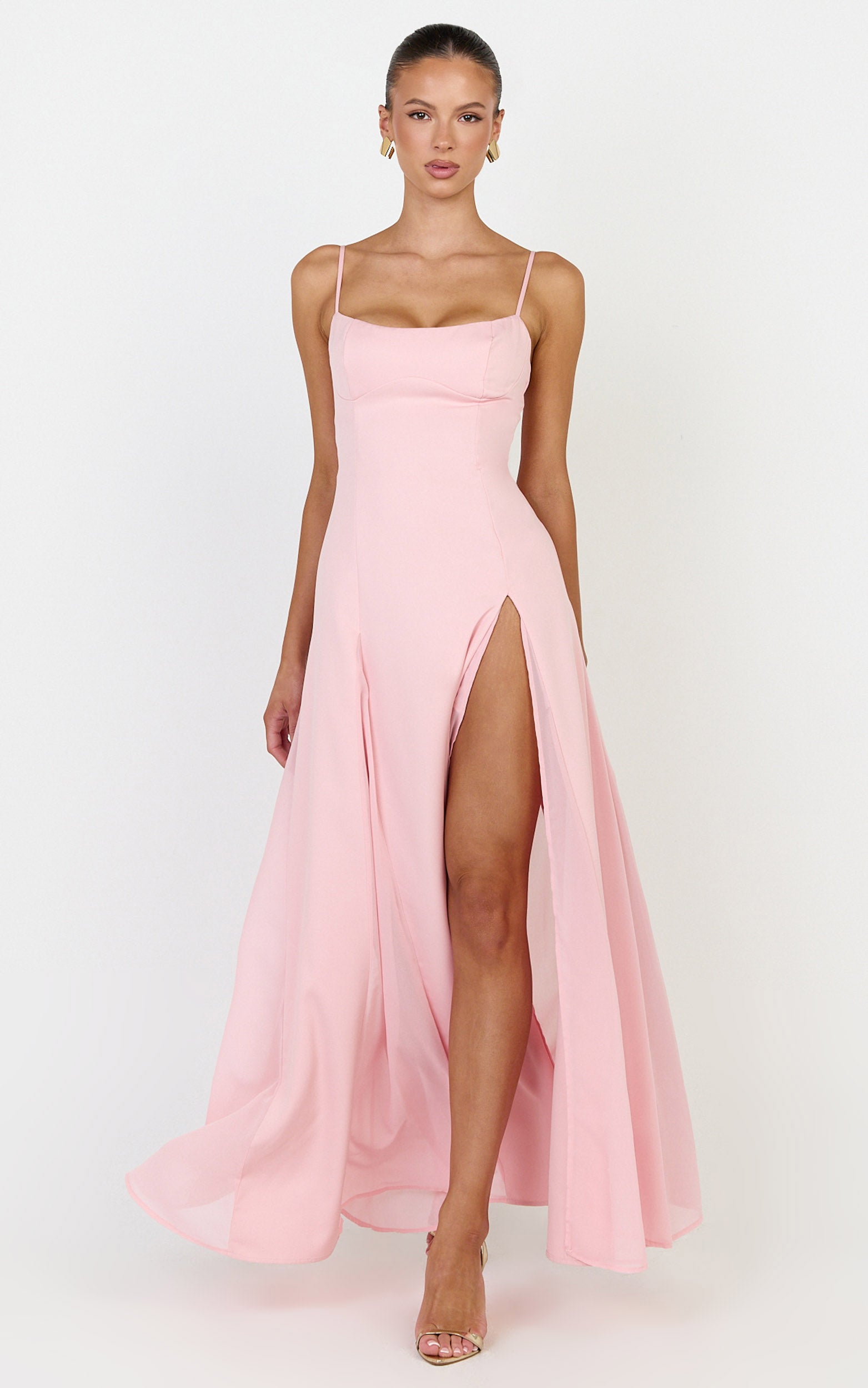 Juliette Maxi Dress - Sweetheart Neckline Georgette Godet Dress in Pink