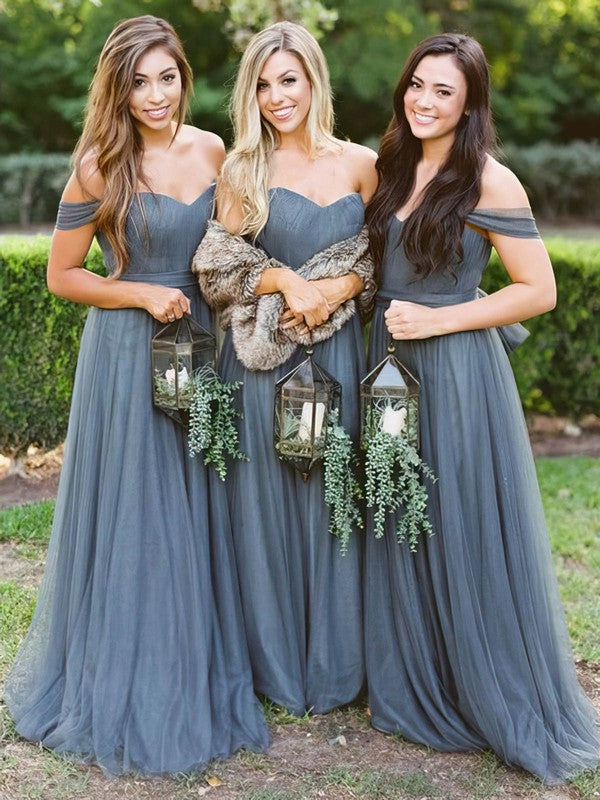 Charming Tulle Off-The-Shoulder Sweetheart A-Line Sweep Train Bridesmaid Dresses
